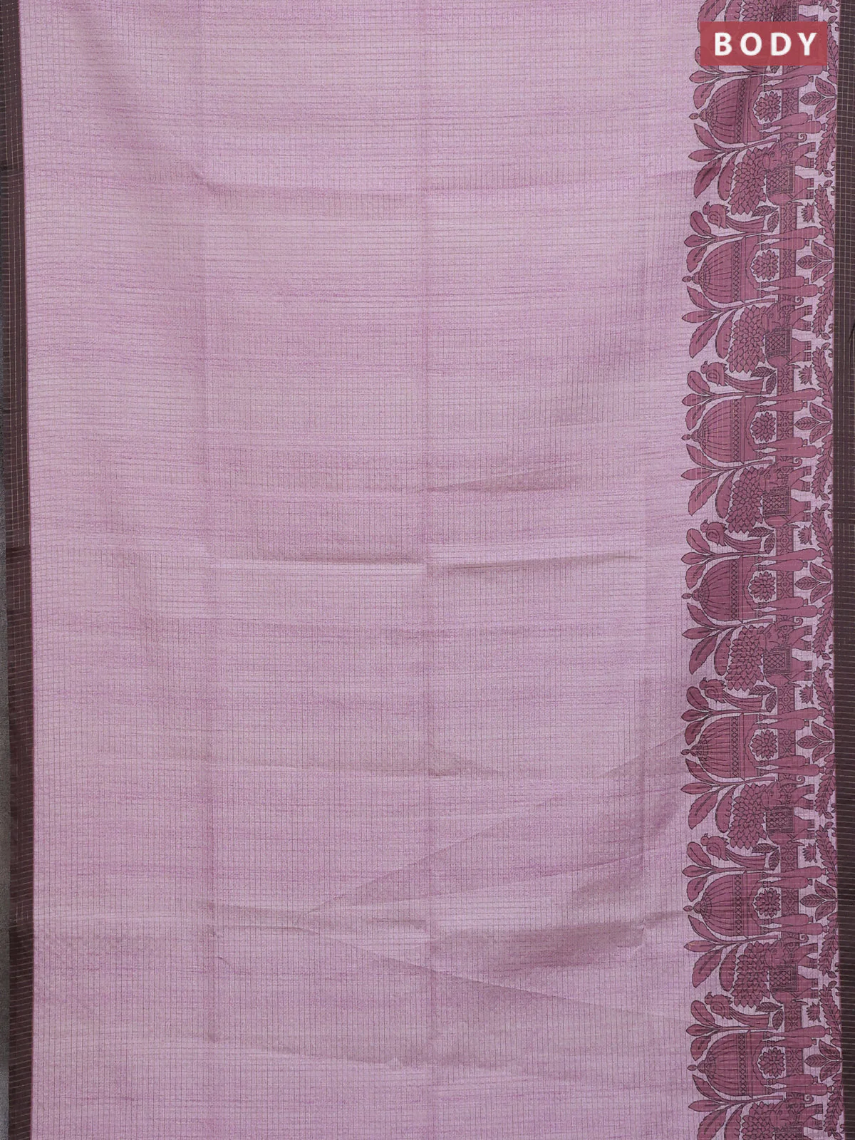 Chappa saree pastel pink and coffee brown with allover zari checked pattern and printed pallu - Image 2