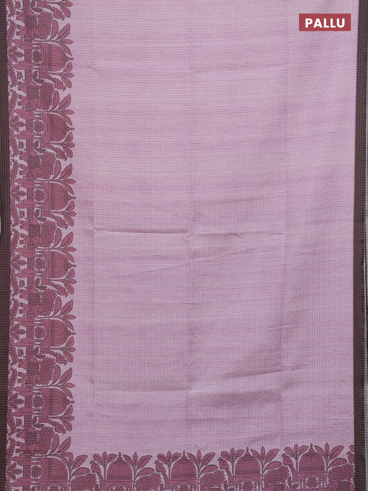 Chappa saree pastel pink and coffee brown with allover zari checked pattern and printed pallu - Image 3