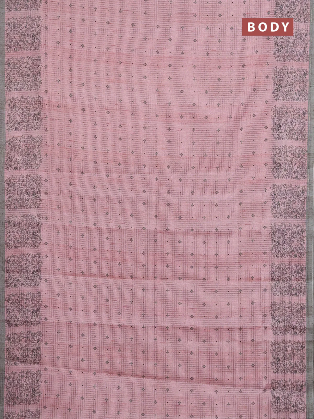 Chappa saree peach pink and grey with allover small zari checked pattern & butta prints and printed border - Image 2