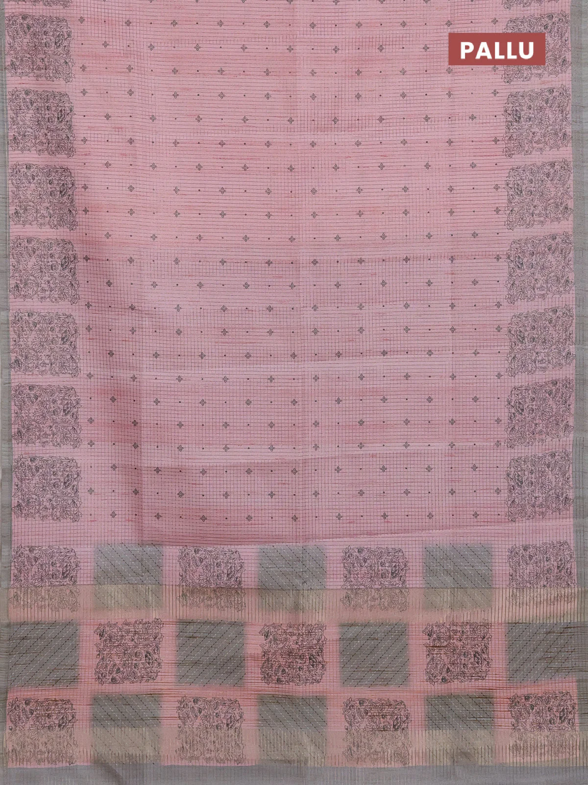 Chappa saree peach pink and grey with allover small zari checked pattern & butta prints and printed border - Image 3