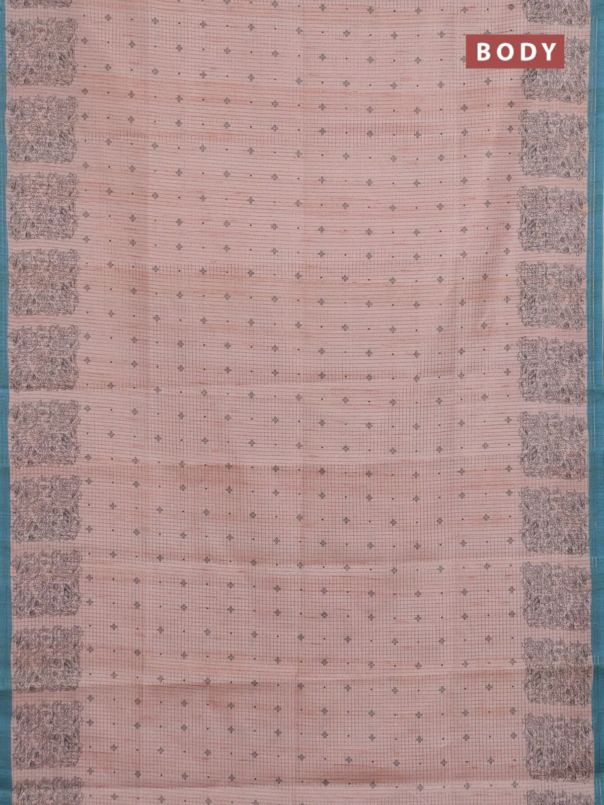 Chappa saree peach shade and teal blue with allover small zari checked pattern & butta prints and printed border - Image 2