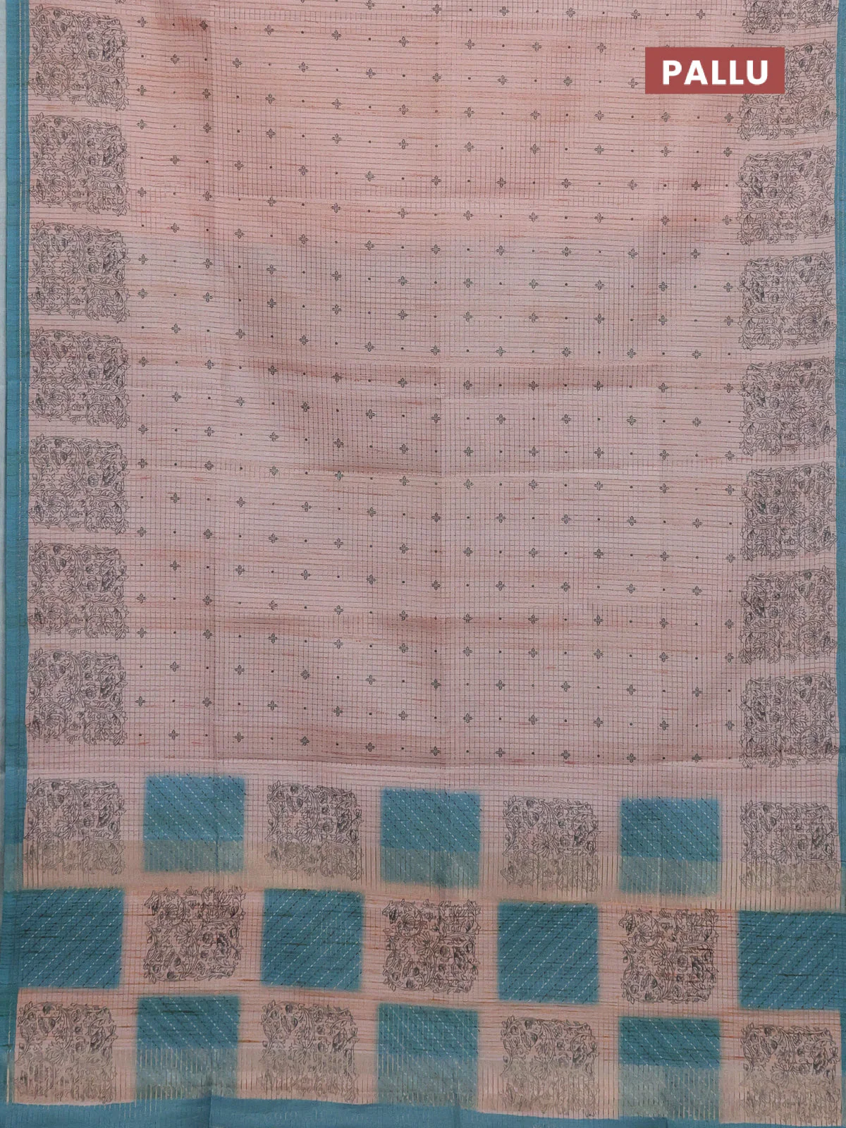 Chappa saree peach shade and teal blue with allover small zari checked pattern & butta prints and printed border - Image 3