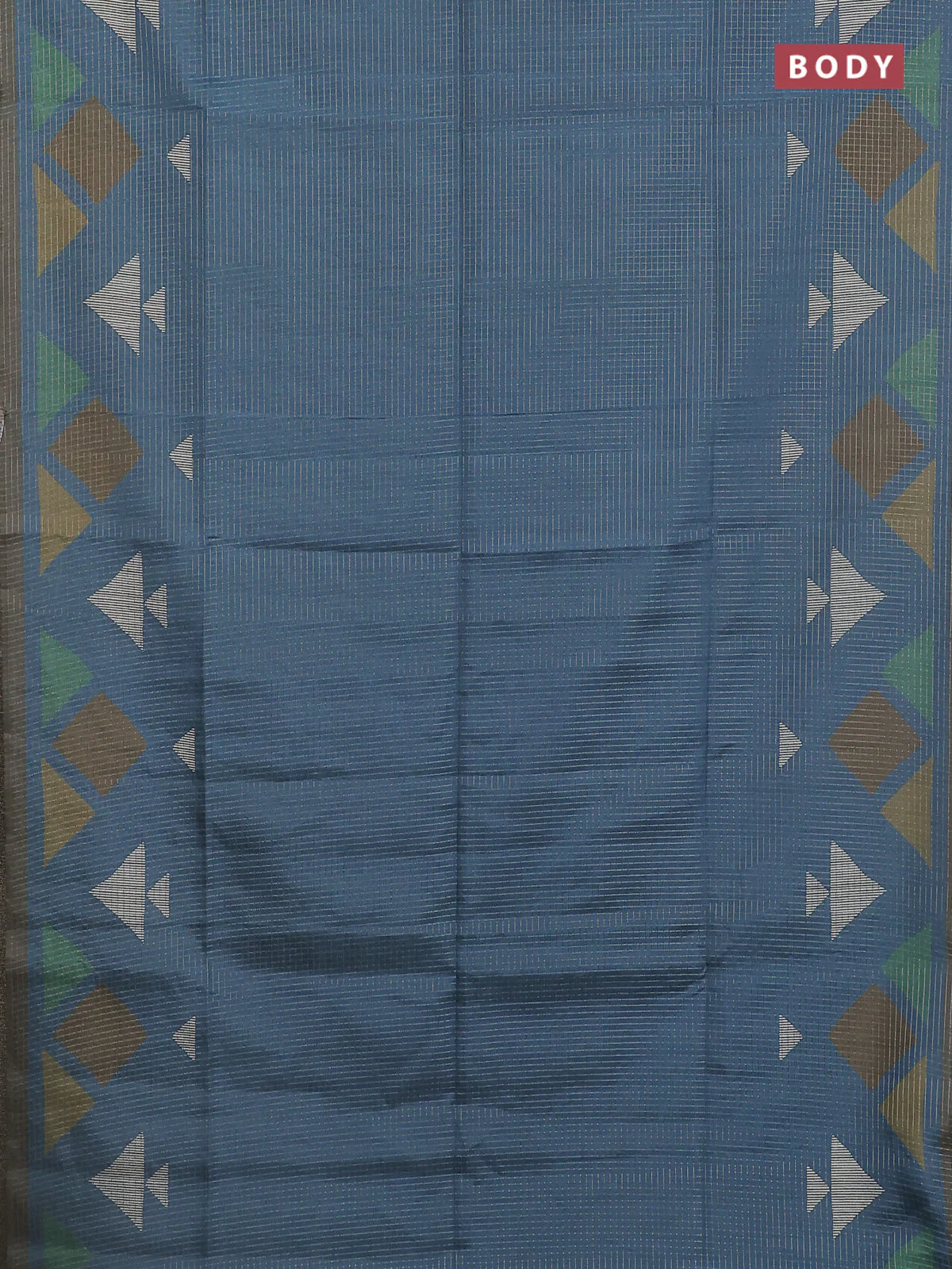 Chappa saree peacock blue and military green with allover zari checked pattern and long geometric printed border - Image 2