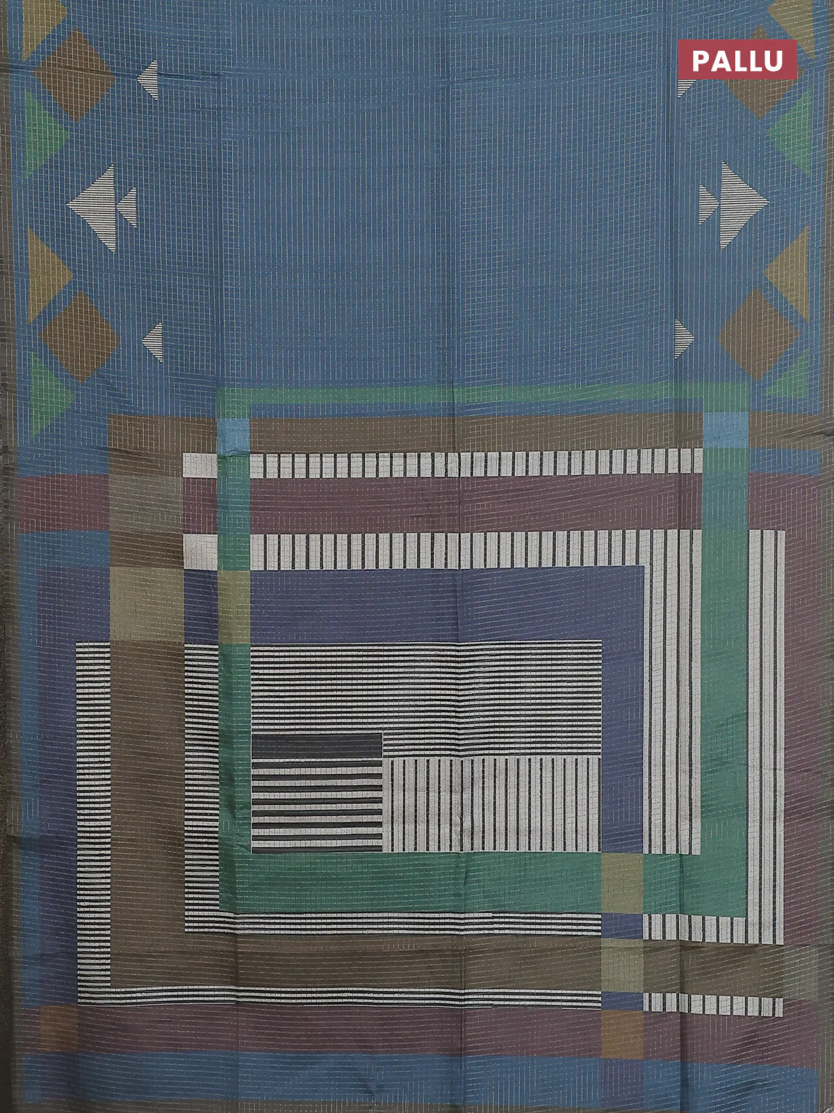 Chappa saree peacock blue and military green with allover zari checked pattern and long geometric printed border - Image 3
