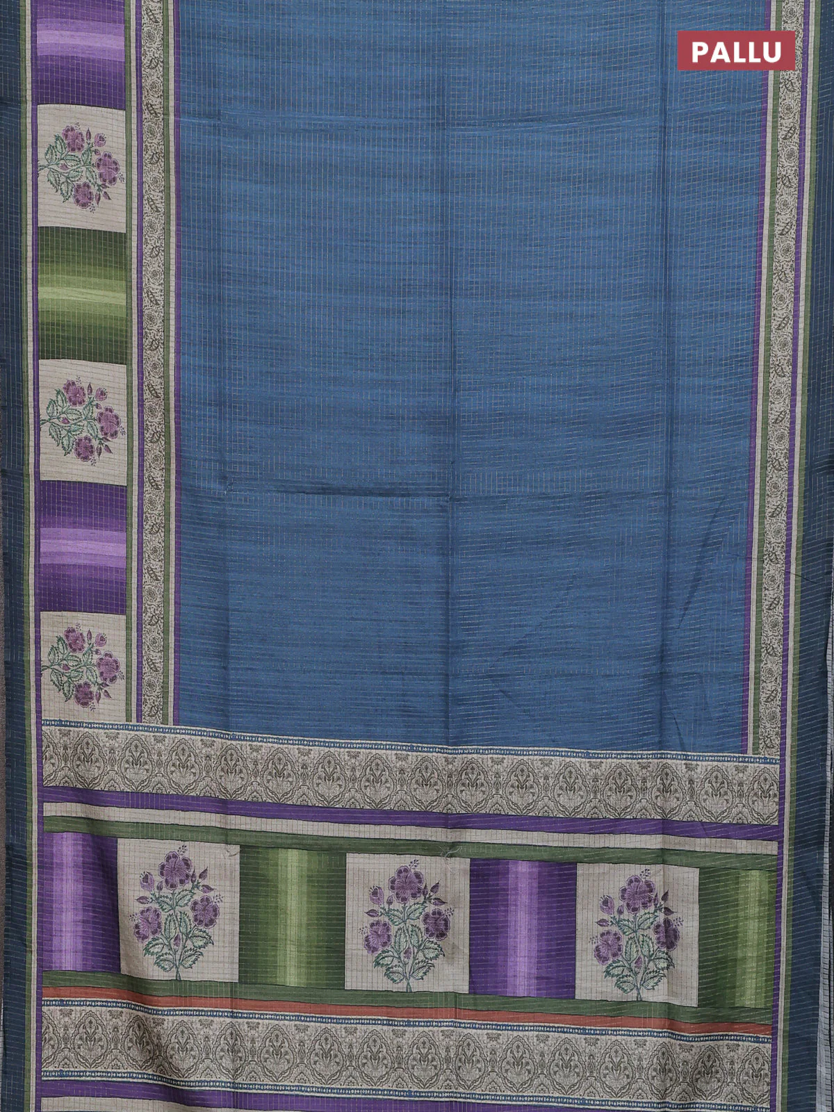 Chappa saree peacock blue with allover zari checked pattern and printed pallu - Image 3