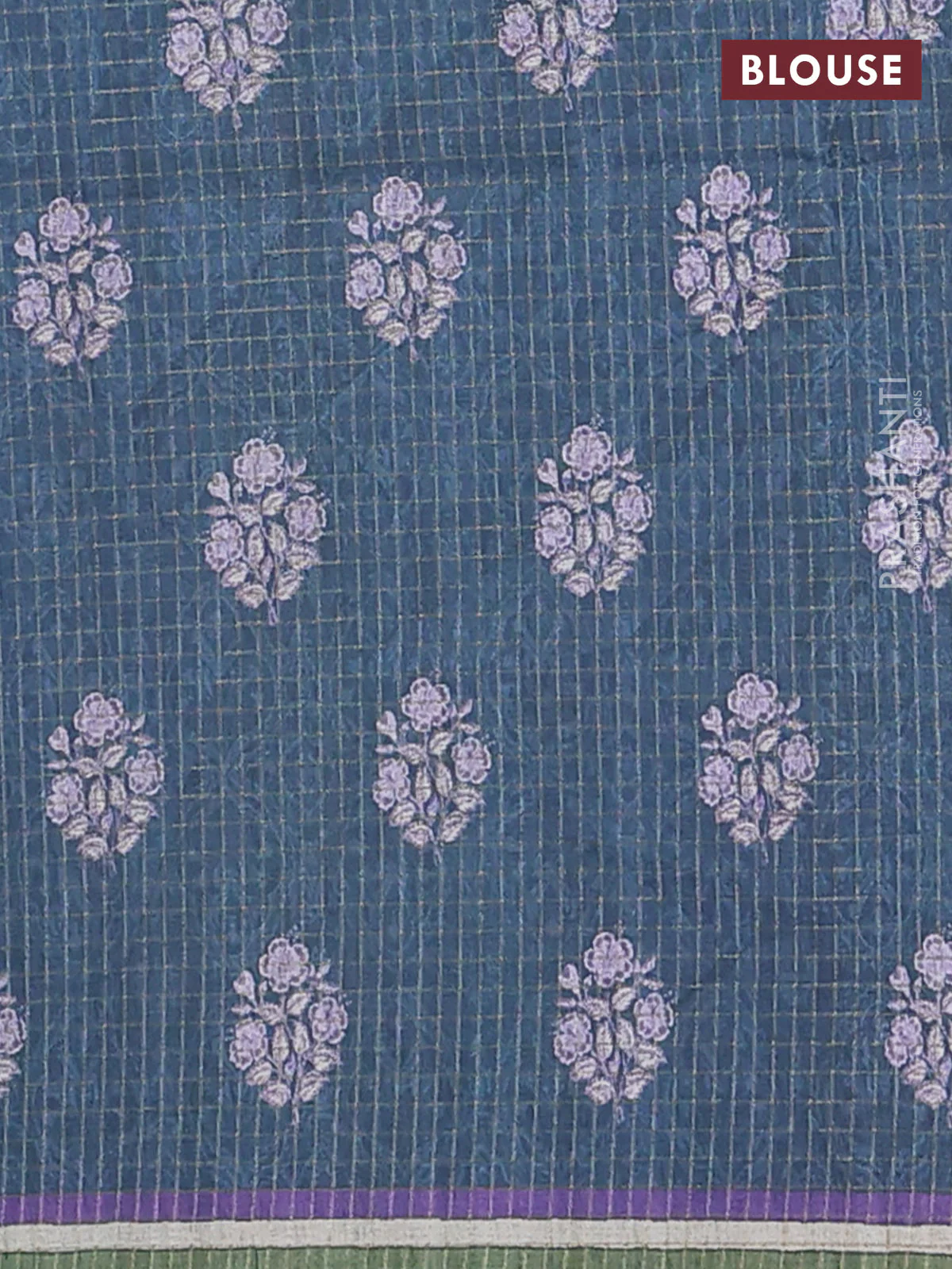 Chappa saree peacock blue with allover zari checked pattern and printed pallu - Image 4