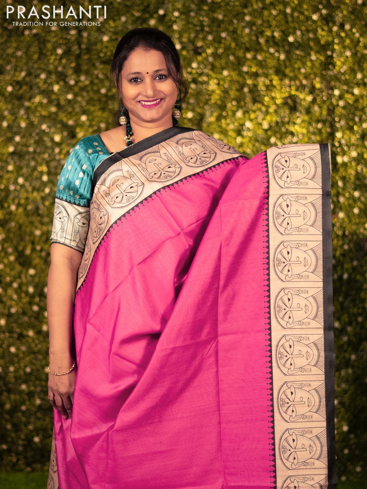 Chappa saree pink and beige with plain body and madhubani printed border - Image 2