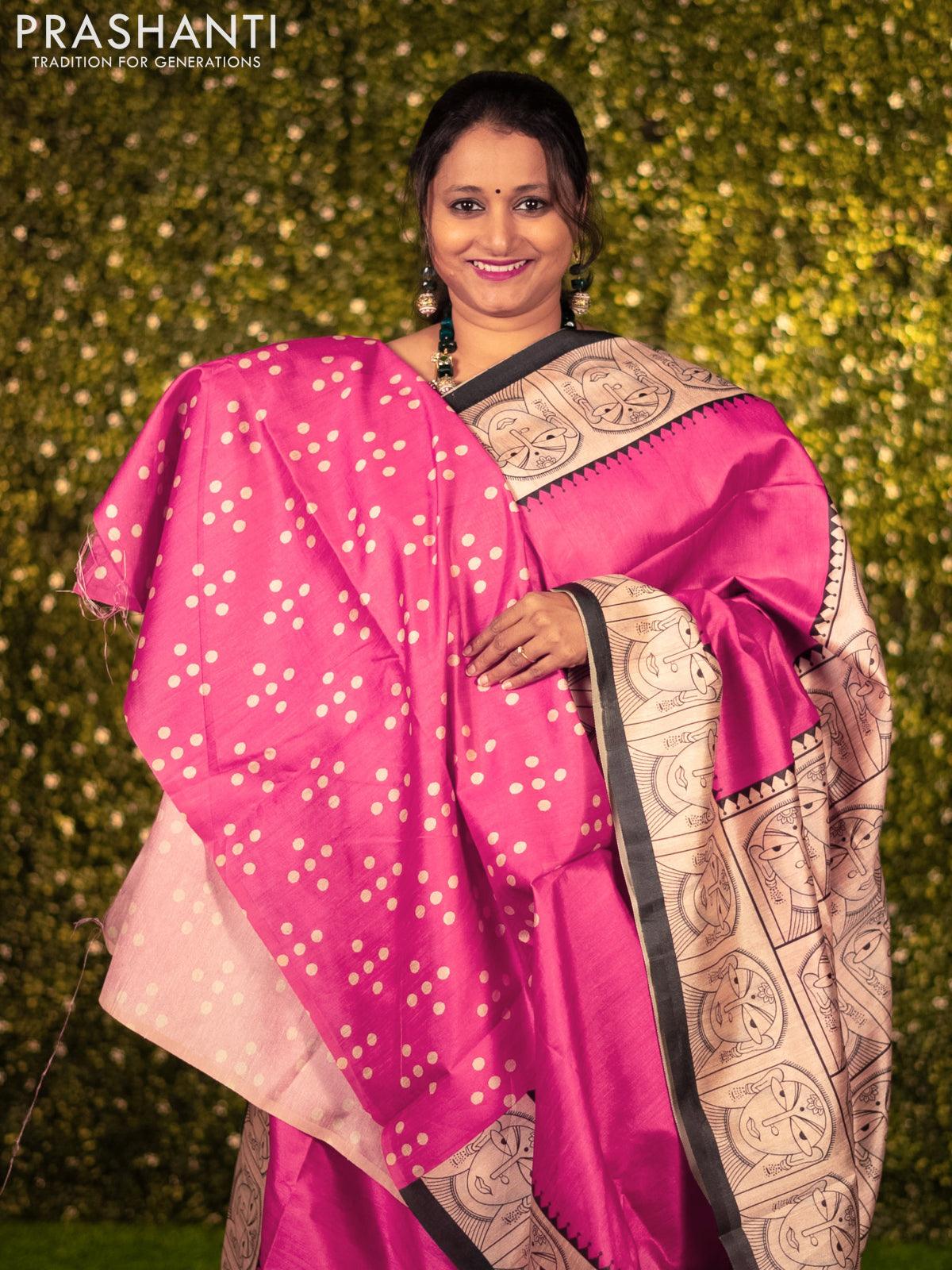 Chappa saree pink and beige with plain body and madhubani printed border - Image 3