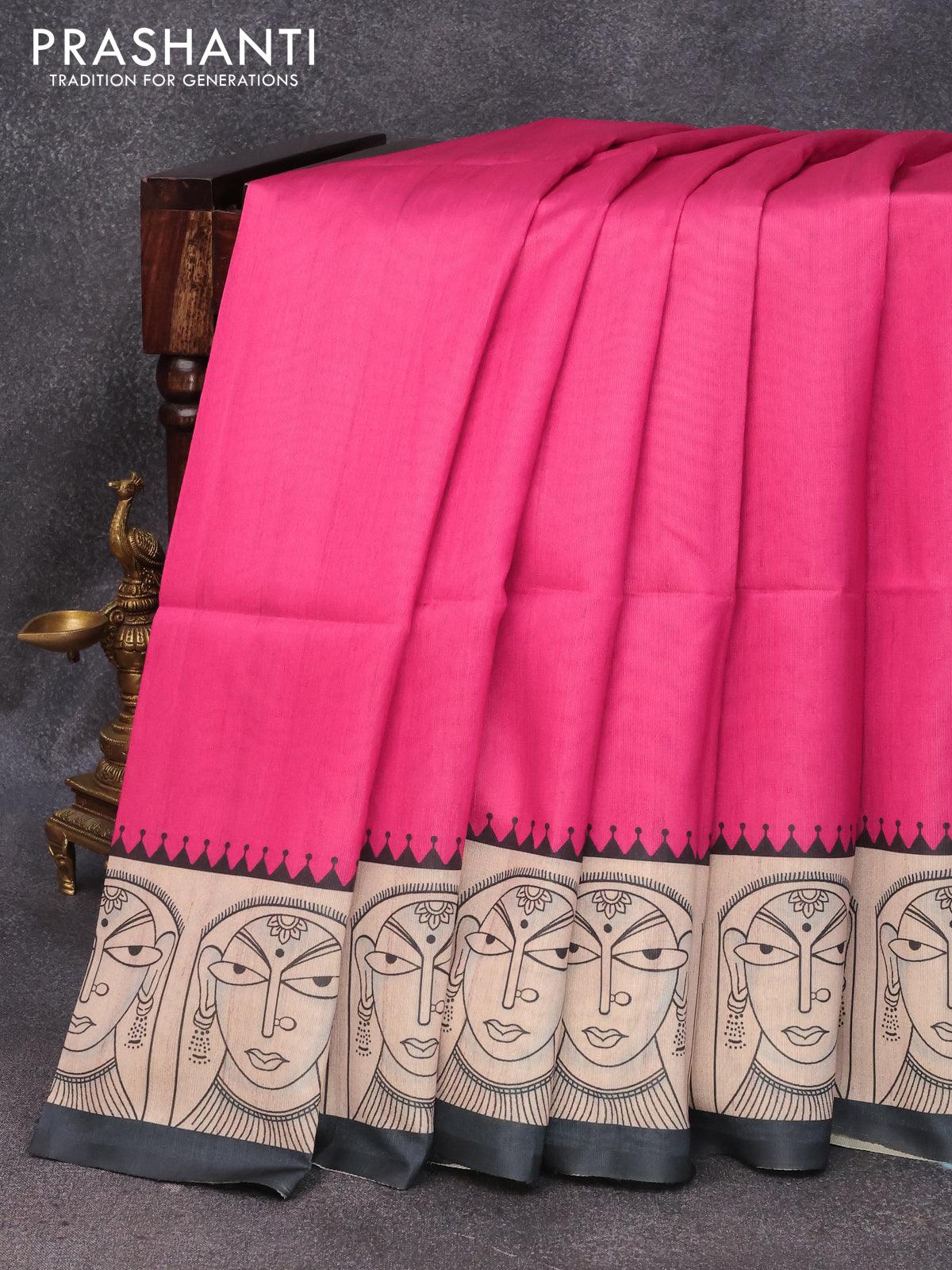 Chappa saree pink and beige with plain body and madhubani printed border - Image 4
