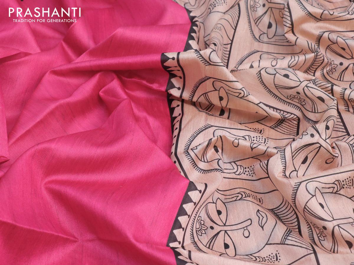 Chappa saree pink and beige with plain body and madhubani printed border - Image 6