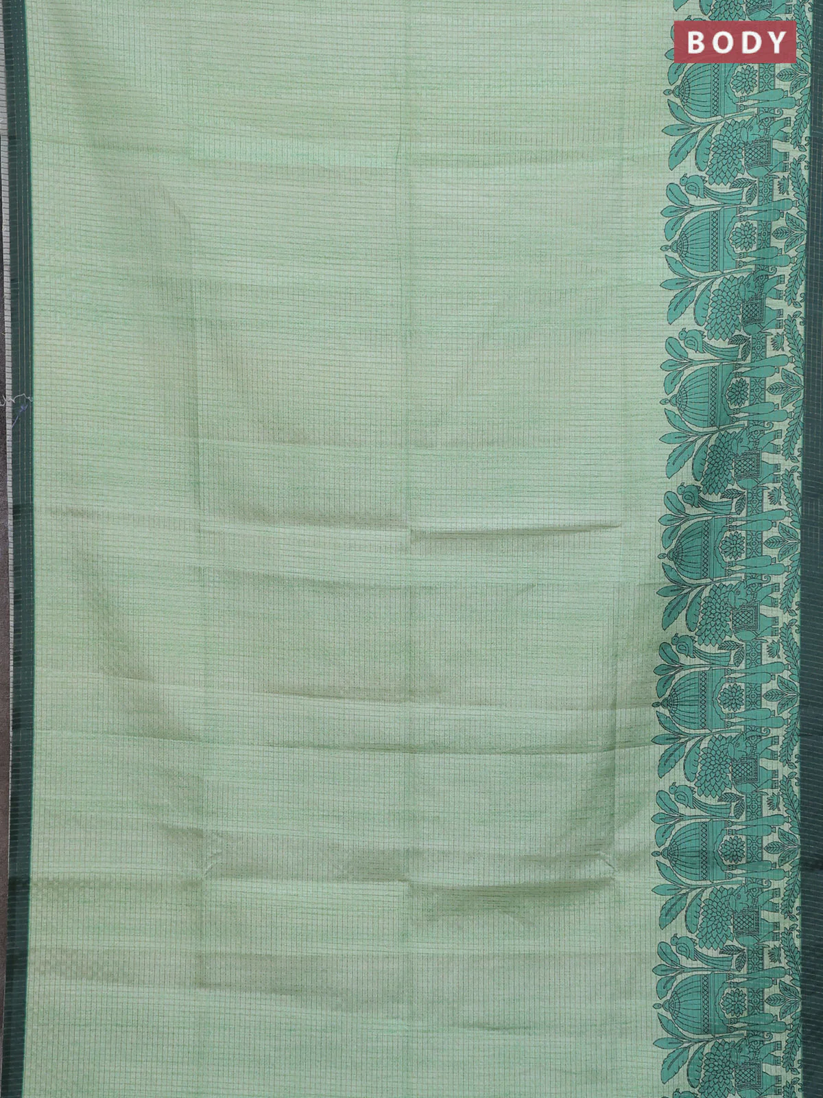 Chappa saree pista green and bottle green with allover zari checked pattern and printed pallu - Image 2