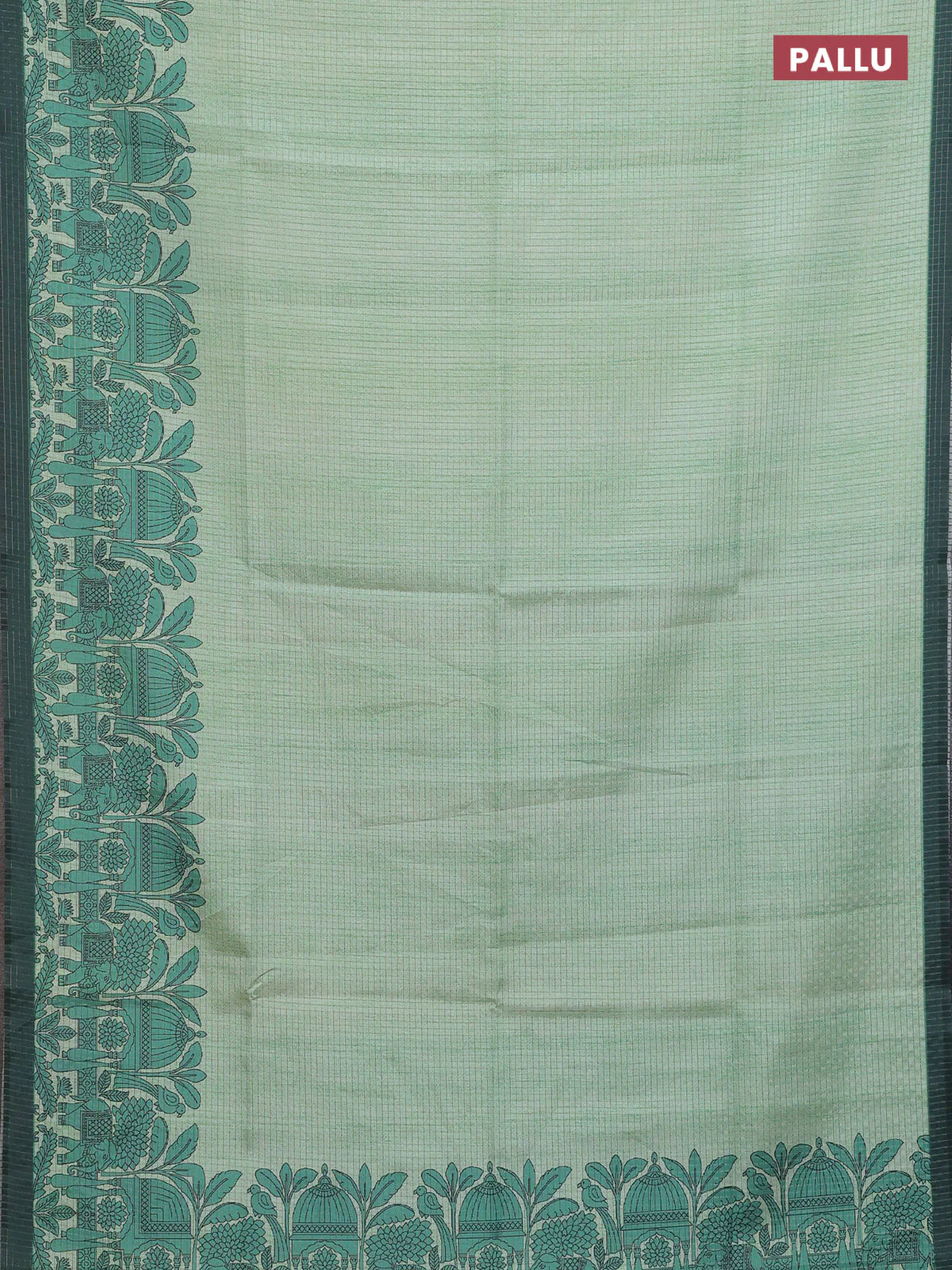 Chappa saree pista green and bottle green with allover zari checked pattern and printed pallu - Image 3