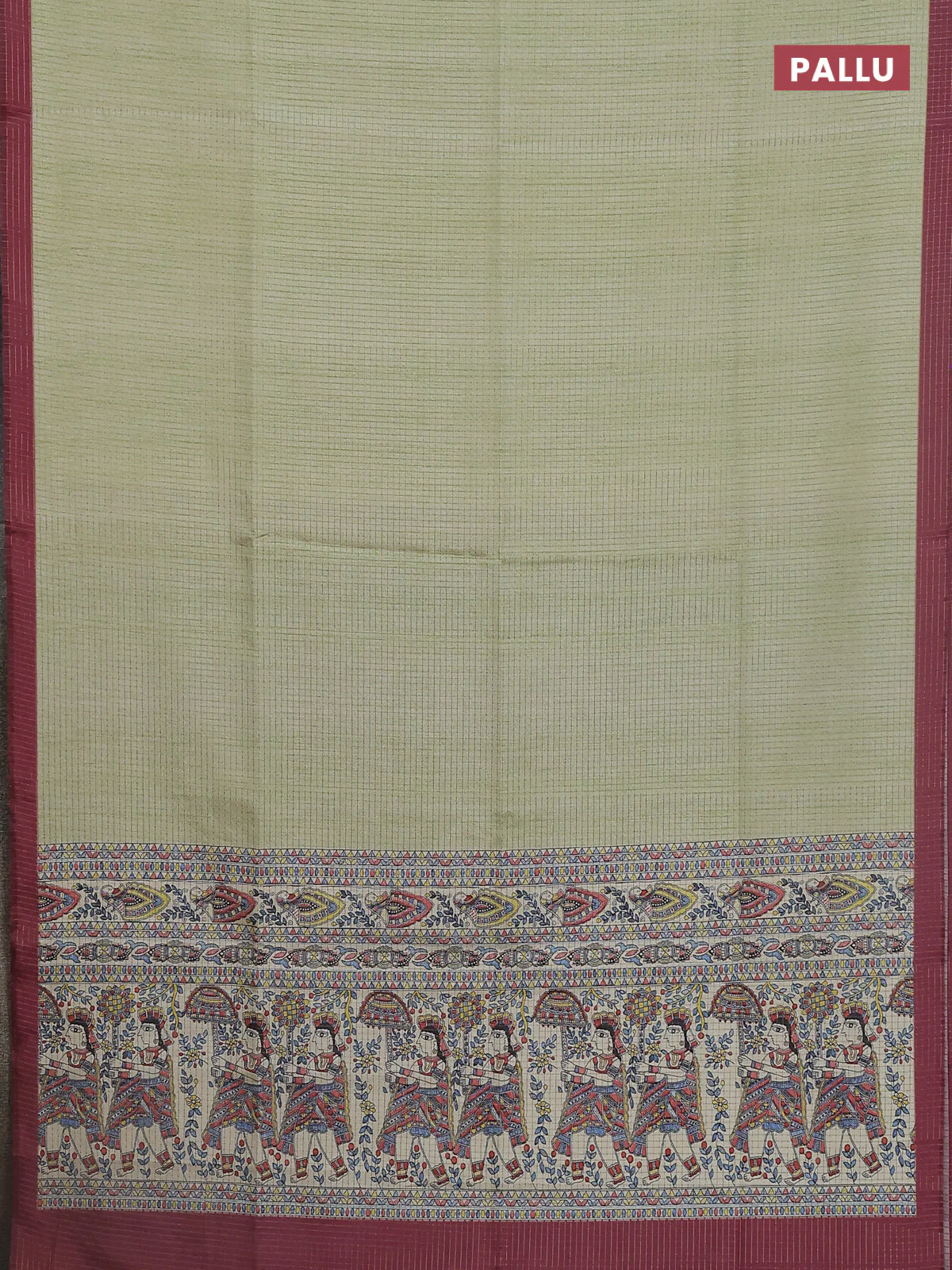Chappa saree pista green and maroon with allover zari checked pattern and madhubani printed pallu - Image 3