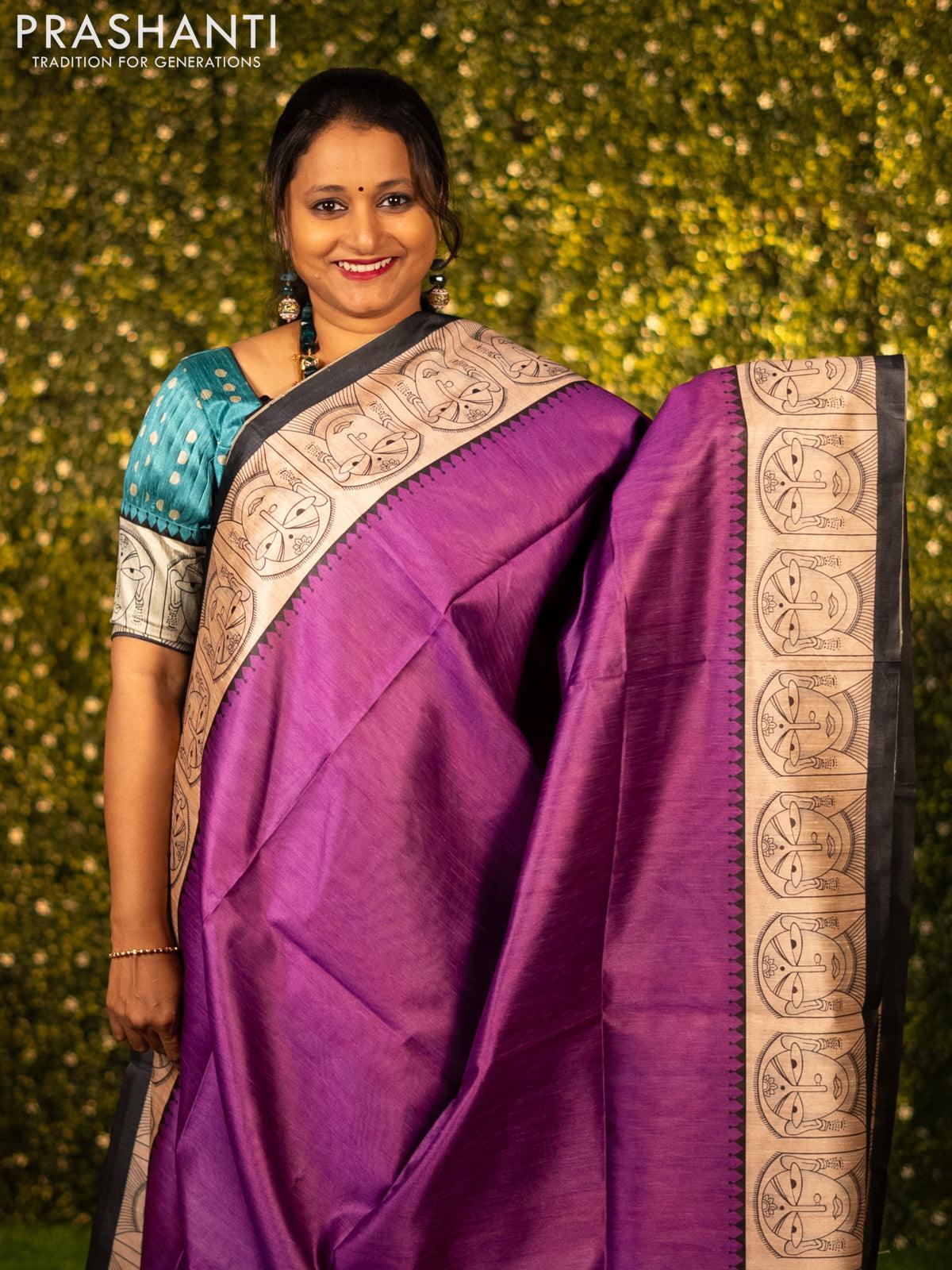 Chappa saree purple and cream with plain body and madhubani printed border - Image 2