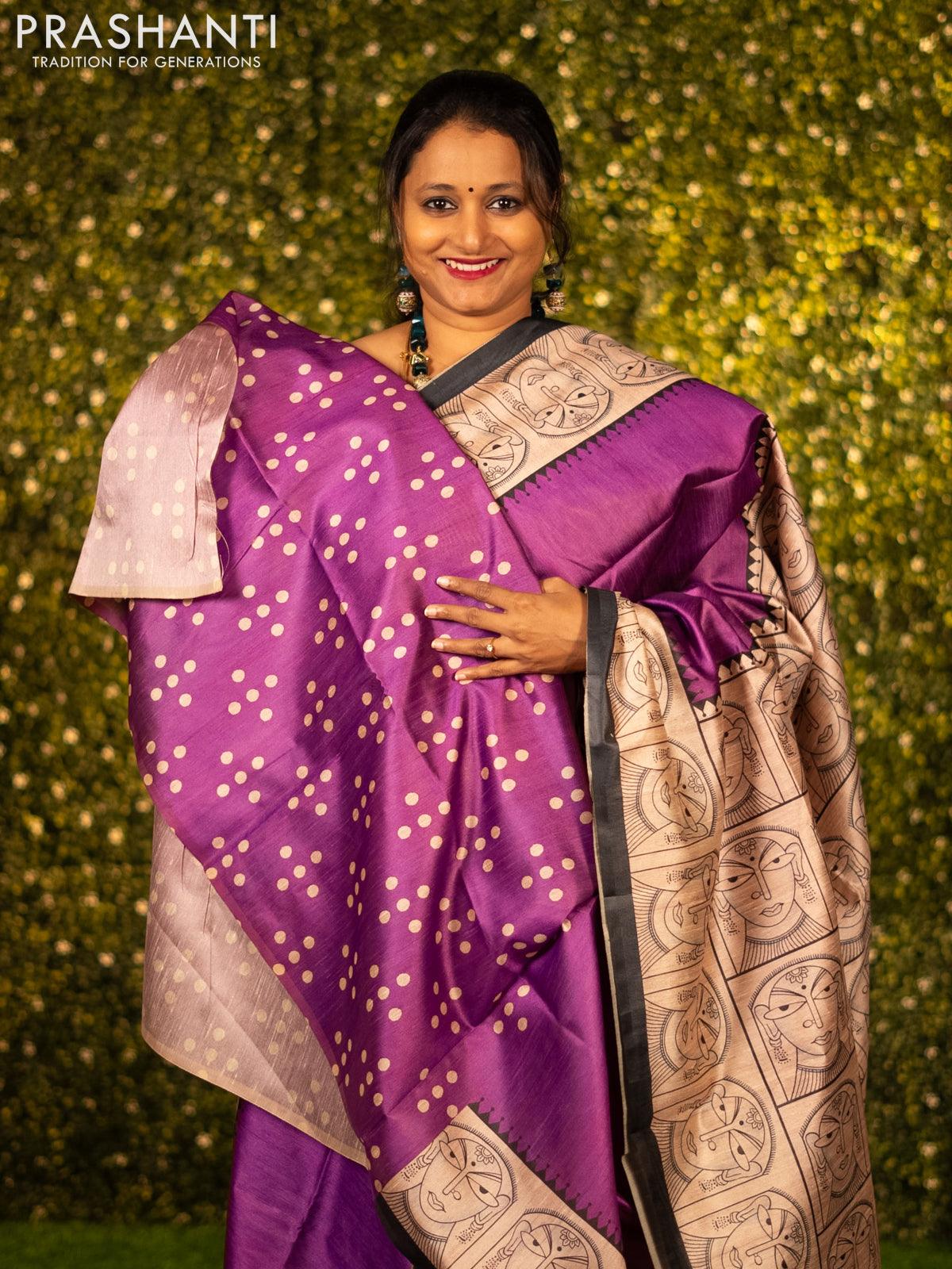 Chappa saree purple and cream with plain body and madhubani printed border - Image 3