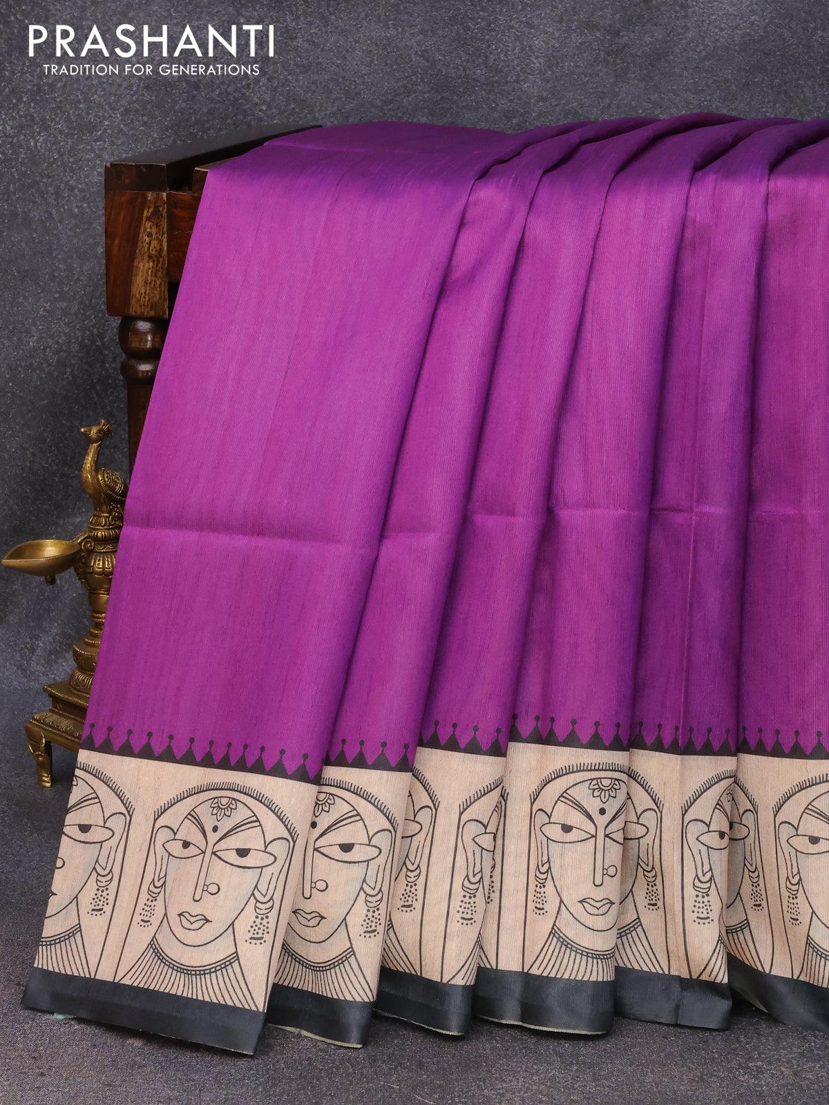 Chappa saree purple and cream with plain body and madhubani printed border - Image 4
