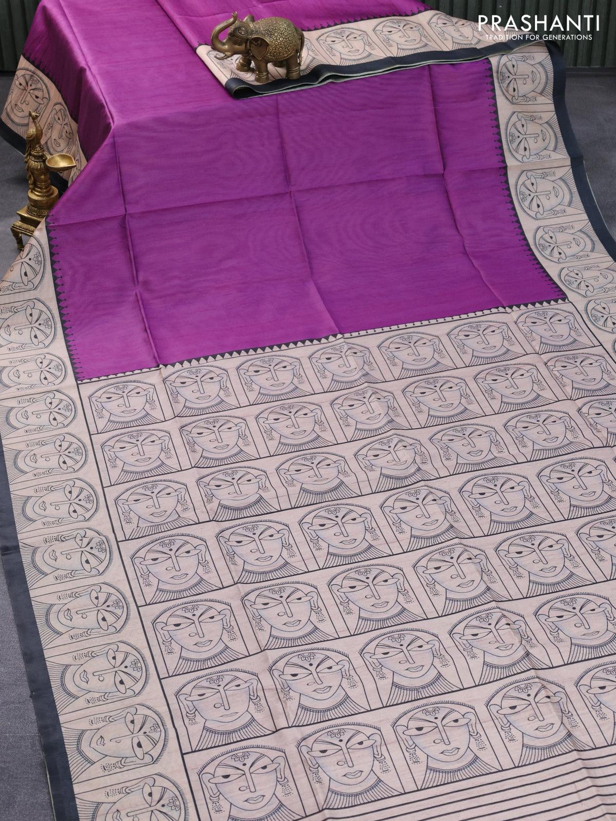 Chappa saree purple and cream with plain body and madhubani printed border - Image 5