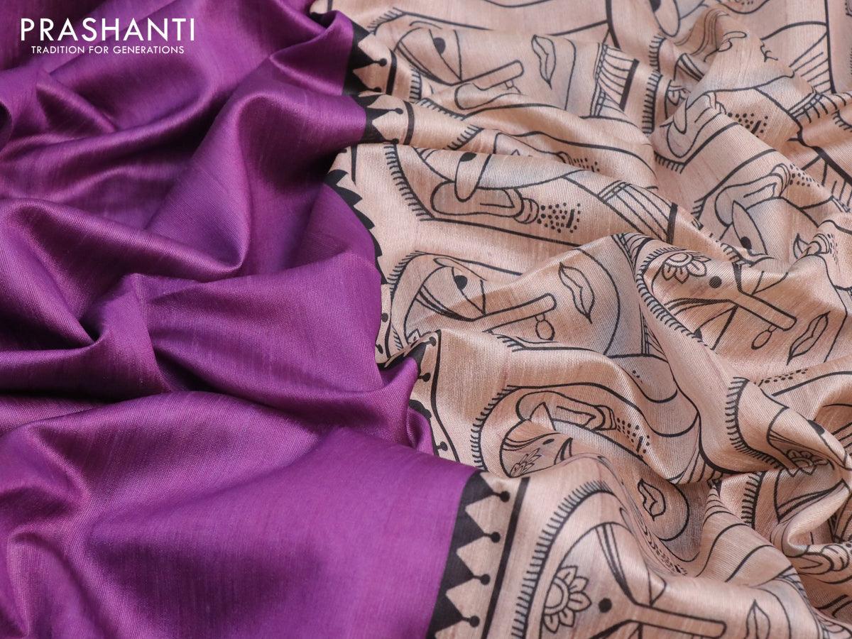 Chappa saree purple and cream with plain body and madhubani printed border - Image 6