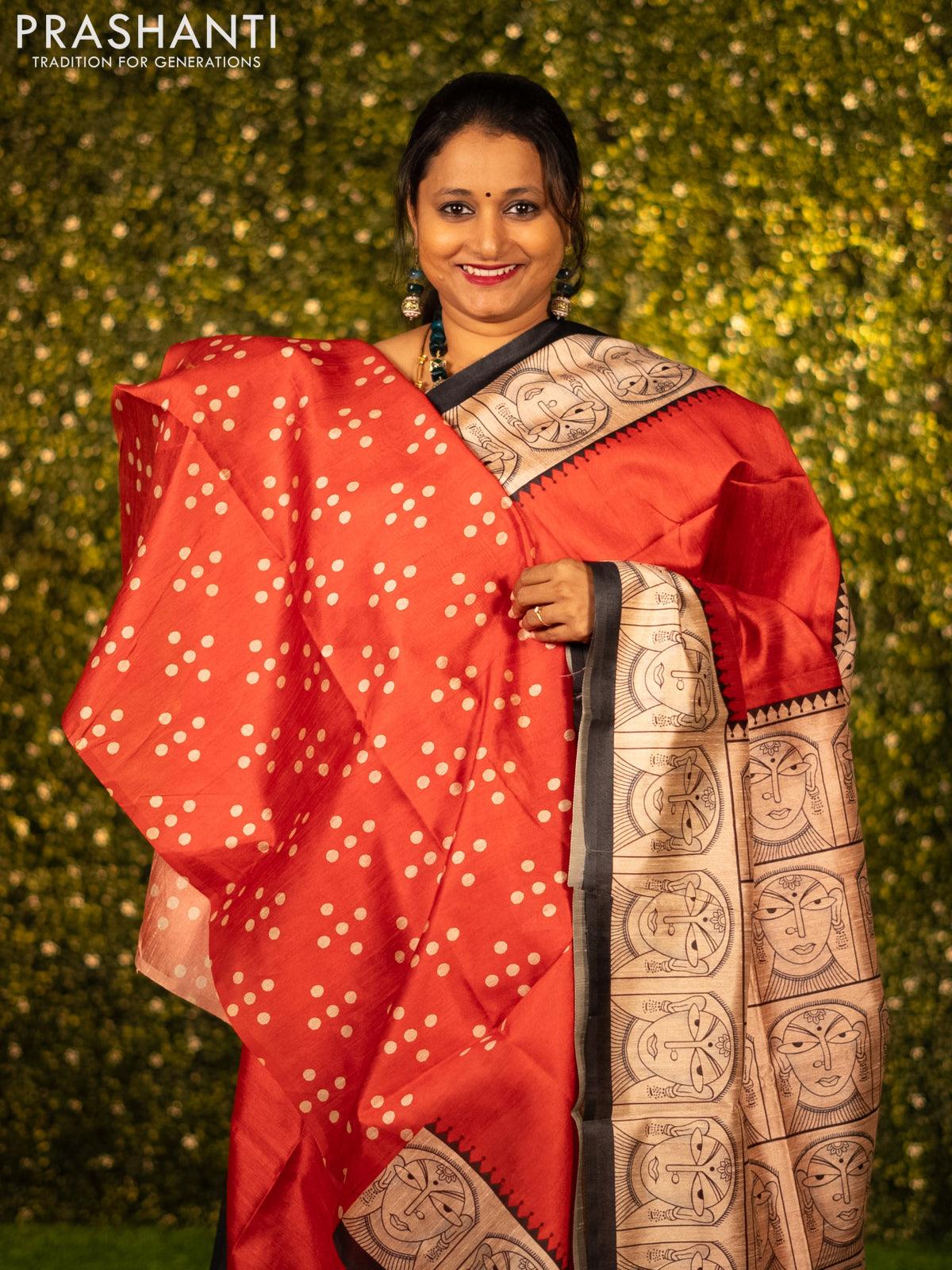 Chappa saree red and sandal with plain body and madhubani printed border - Image 3