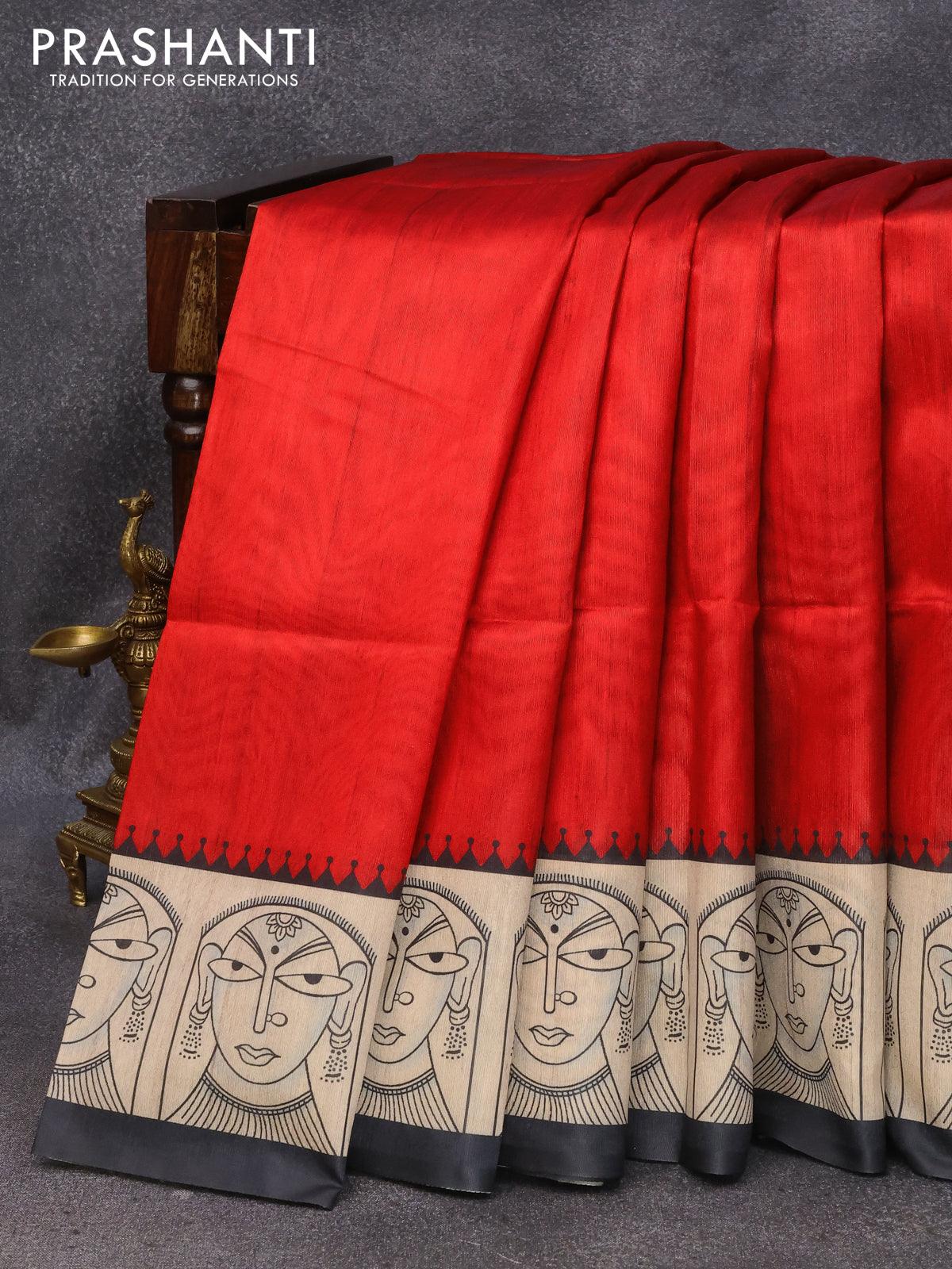 Chappa saree red and sandal with plain body and madhubani printed border - Image 4
