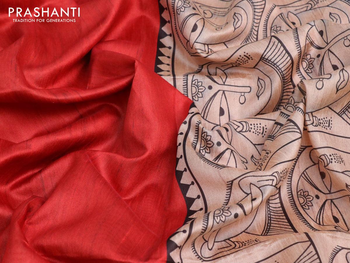 Chappa saree red and sandal with plain body and madhubani printed border - Image 6