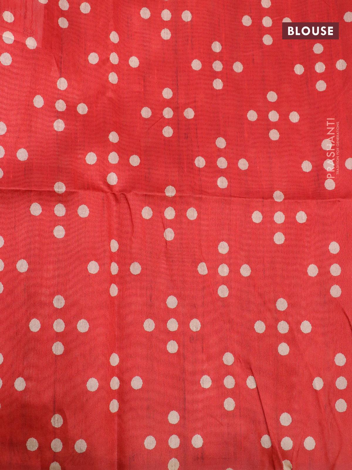 Chappa saree red and sandal with plain body and madhubani printed border - Image 7