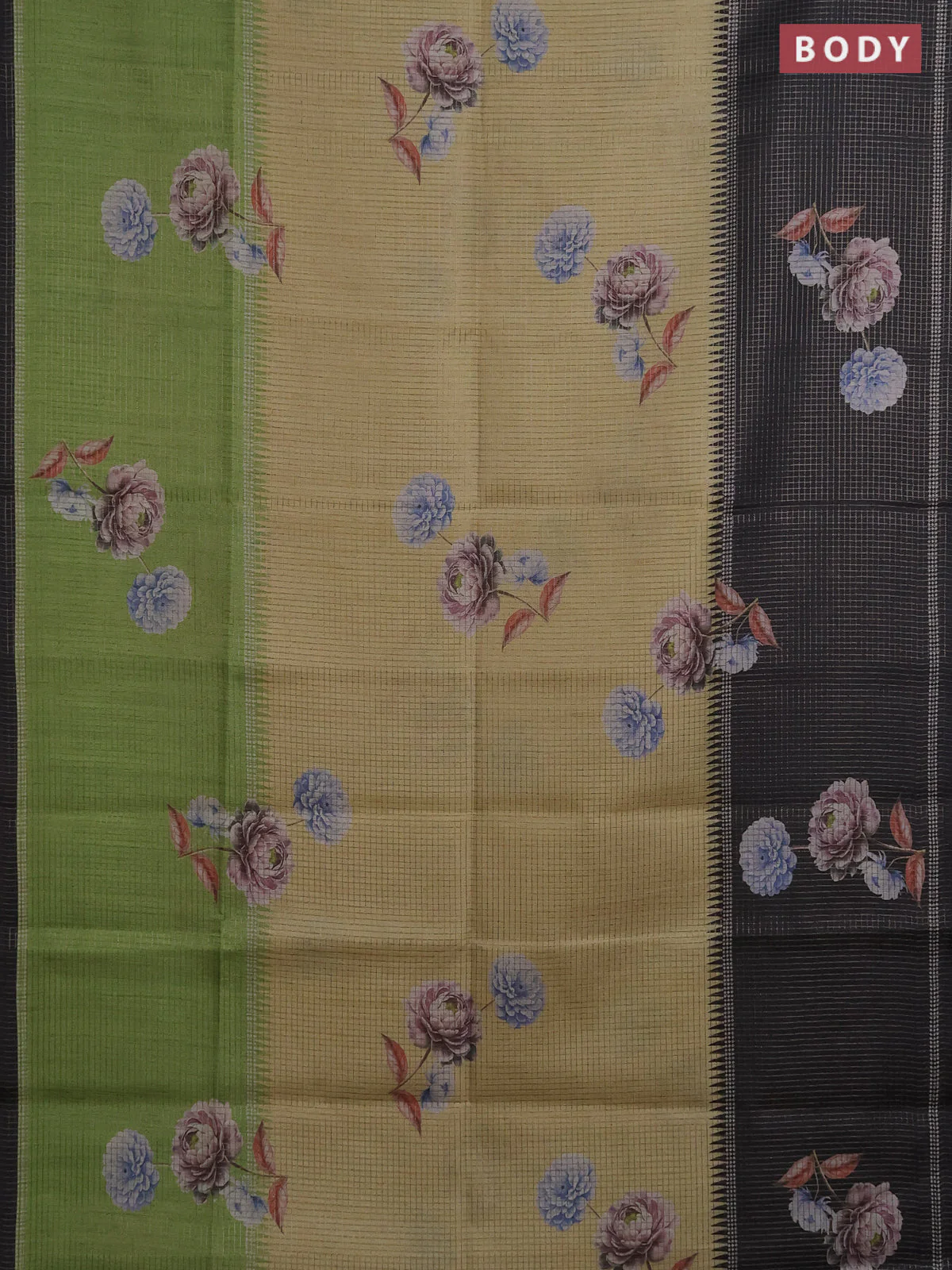 Chappa saree sandal and black with allover small zari checked pattern & floral digital prints and ganga jamuna border - Image 2