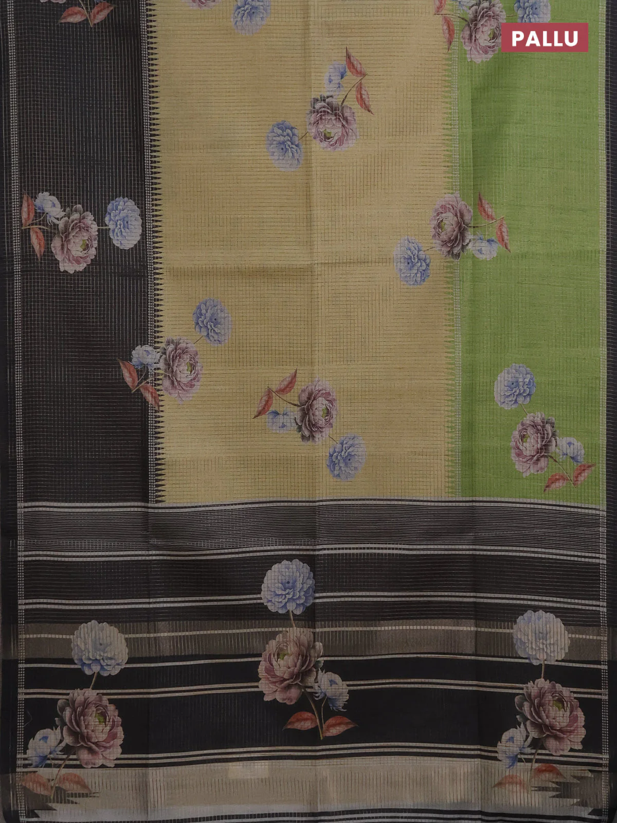Chappa saree sandal and black with allover small zari checked pattern & floral digital prints and ganga jamuna border - Image 3
