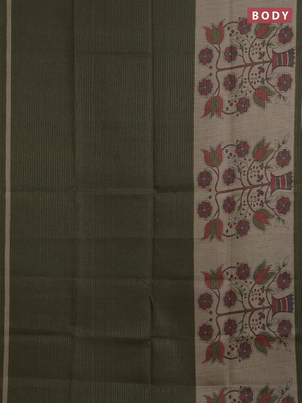 Chappa saree sap green and beige with allover small zari checked pattern and floral digital printed pallu - Image 2