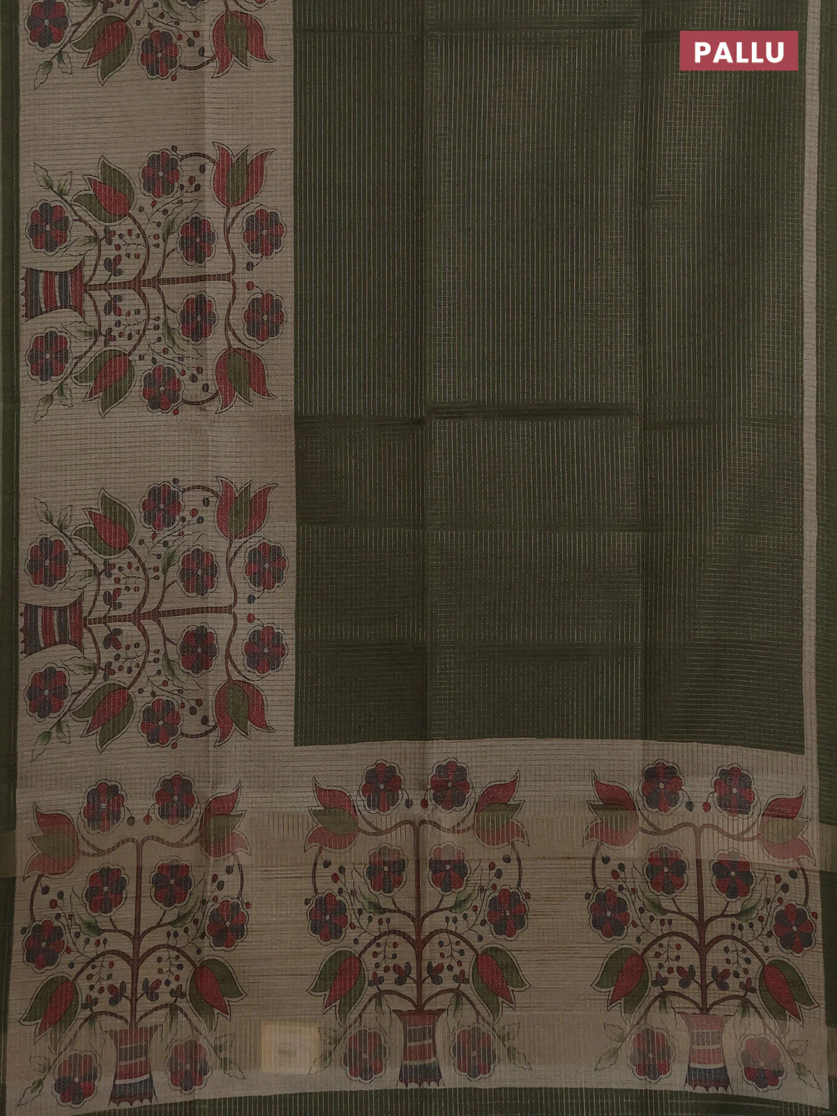 Chappa saree sap green and beige with allover small zari checked pattern and floral digital printed pallu - Image 3