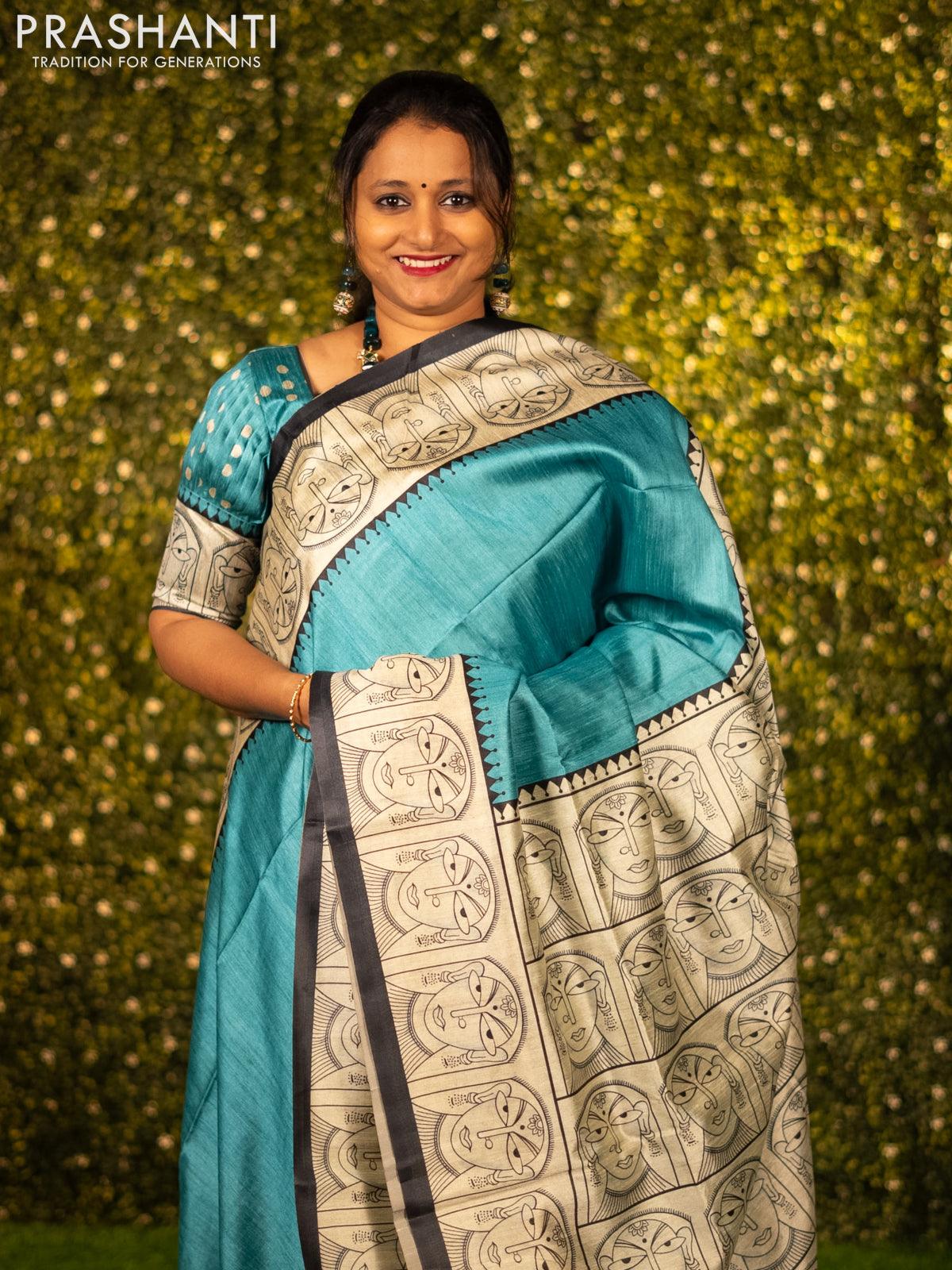 Chappa saree teal blue and cream with plain body and madhubani printed border - Image 2