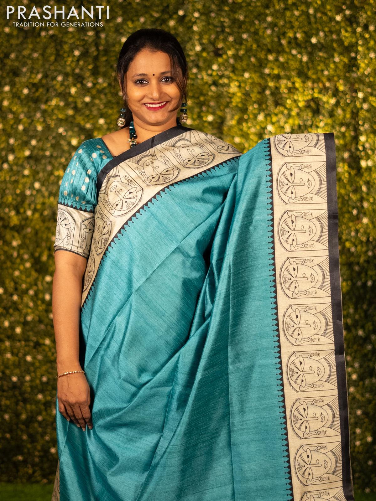Chappa saree teal blue and cream with plain body and madhubani printed border - Image 3