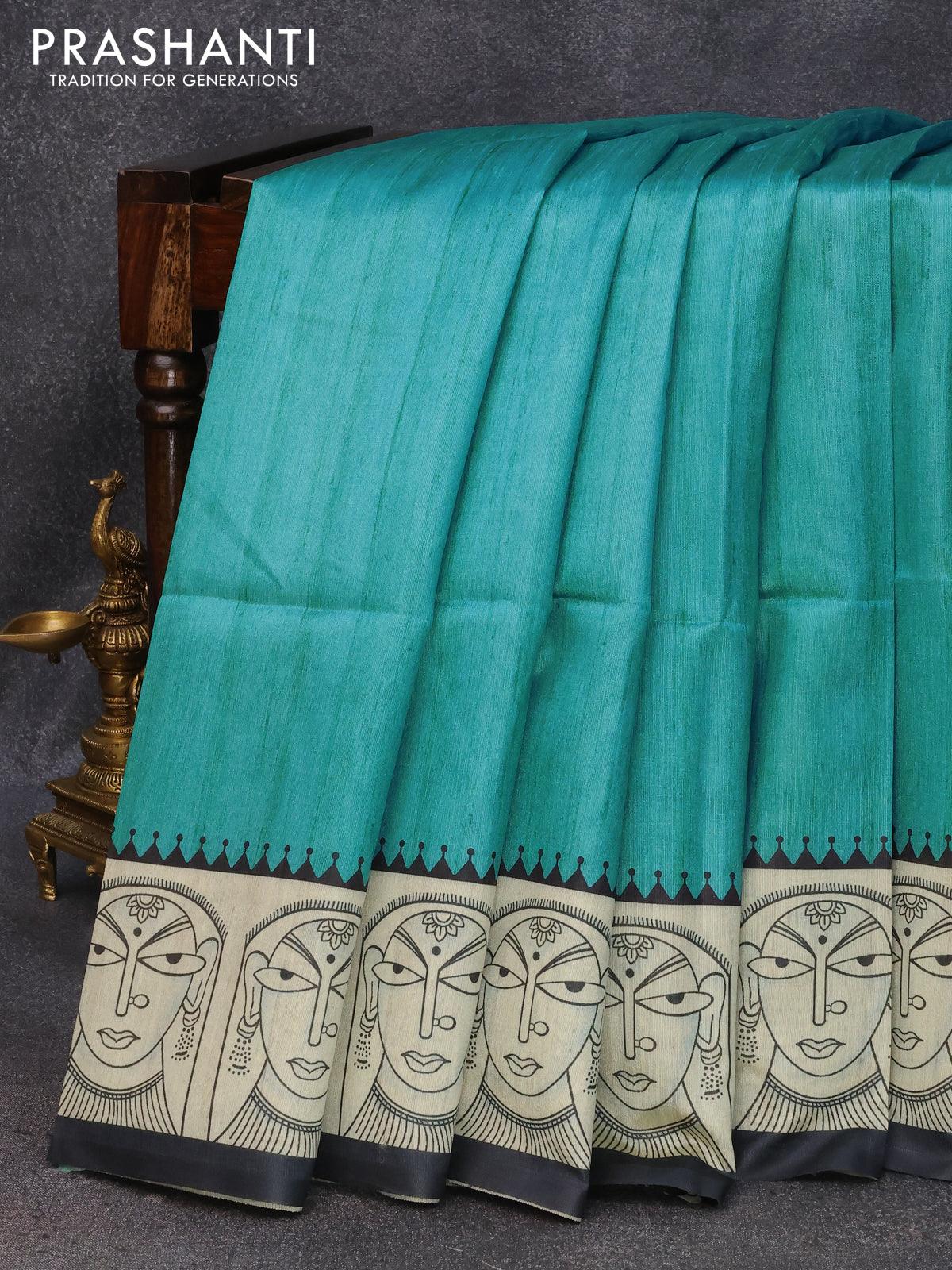 Chappa saree teal blue and cream with plain body and madhubani printed border - Image 4
