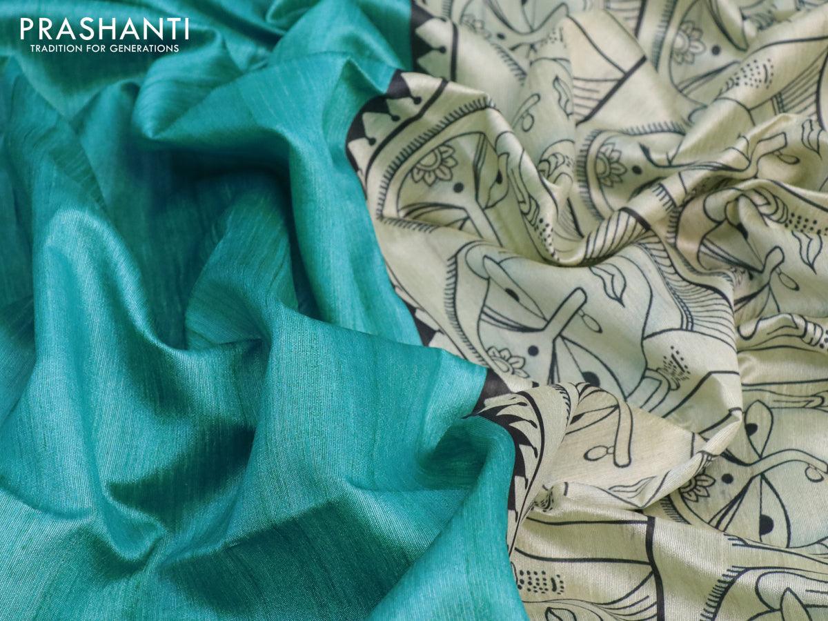 Chappa saree teal blue and cream with plain body and madhubani printed border - Image 6