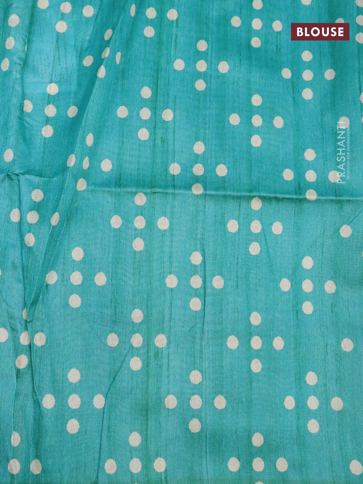 Chappa saree teal blue and cream with plain body and madhubani printed border - Image 7