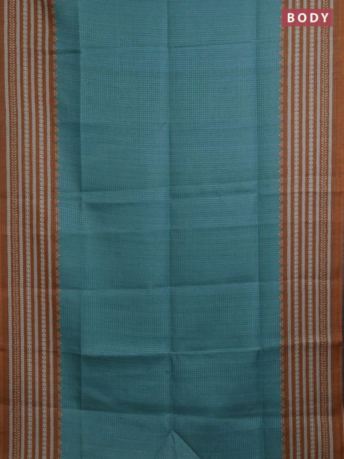 Chappa saree teal blue and dark mustard with allover small zari checked pattern and printed border - Image 2
