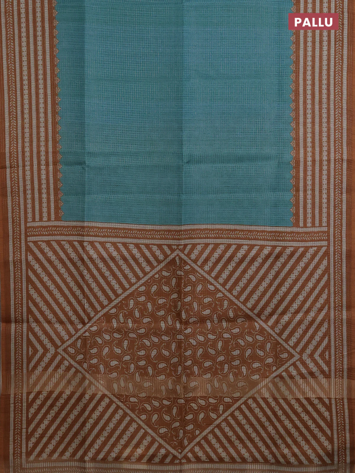 Chappa saree teal blue and dark mustard with allover small zari checked pattern and printed border - Image 3