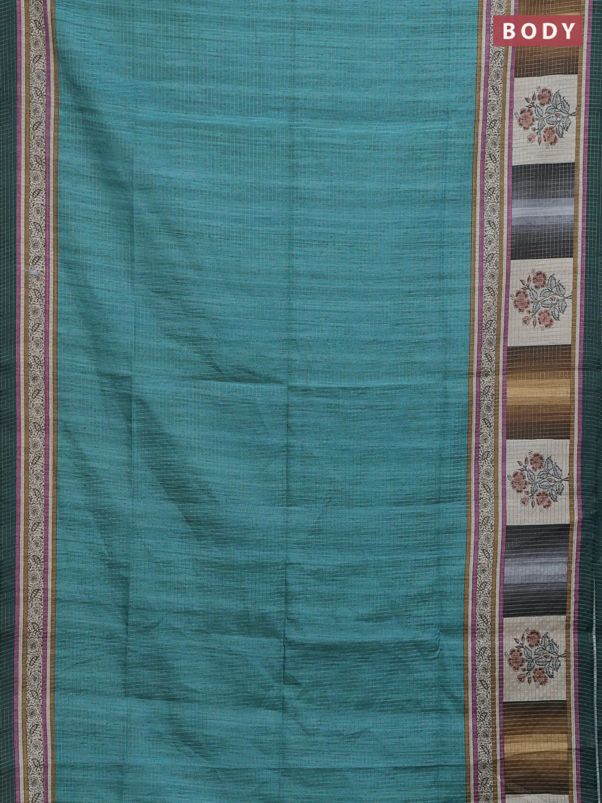 Chappa saree teal blue and peacock green with allover zari checked pattern and printed pallu - Image 2