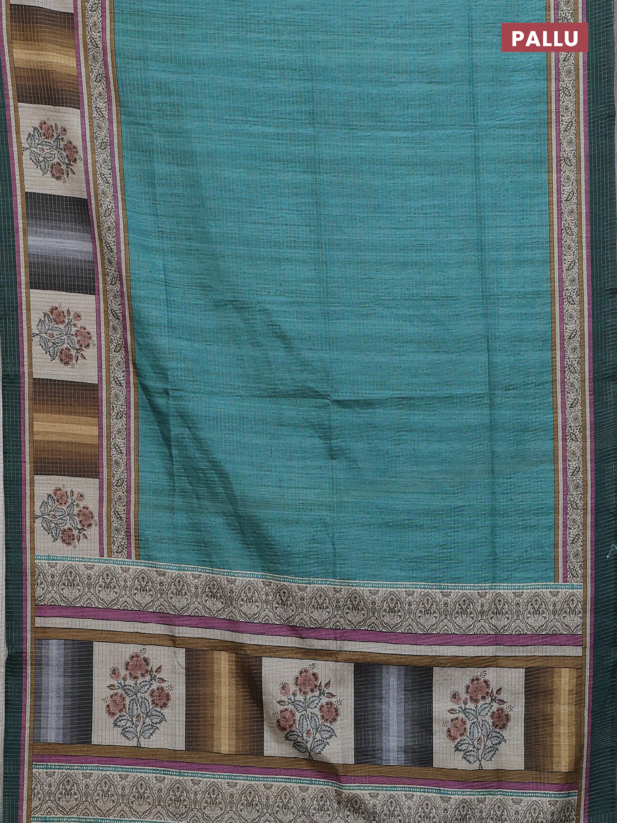 Chappa saree teal blue and peacock green with allover zari checked pattern and printed pallu - Image 3