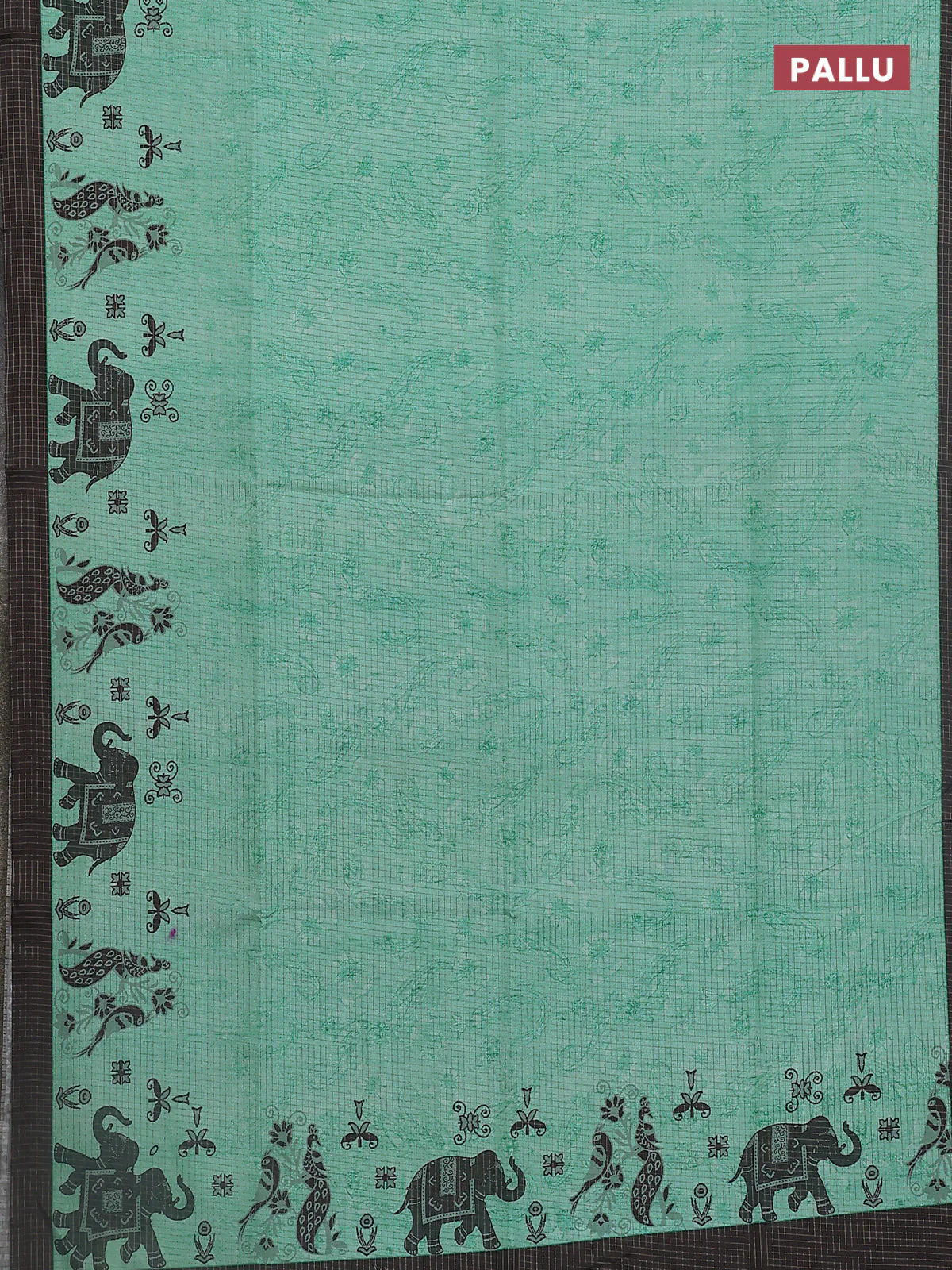 Chappa saree teal green and black with allover zari checked pattern and printed pallu - Image 3