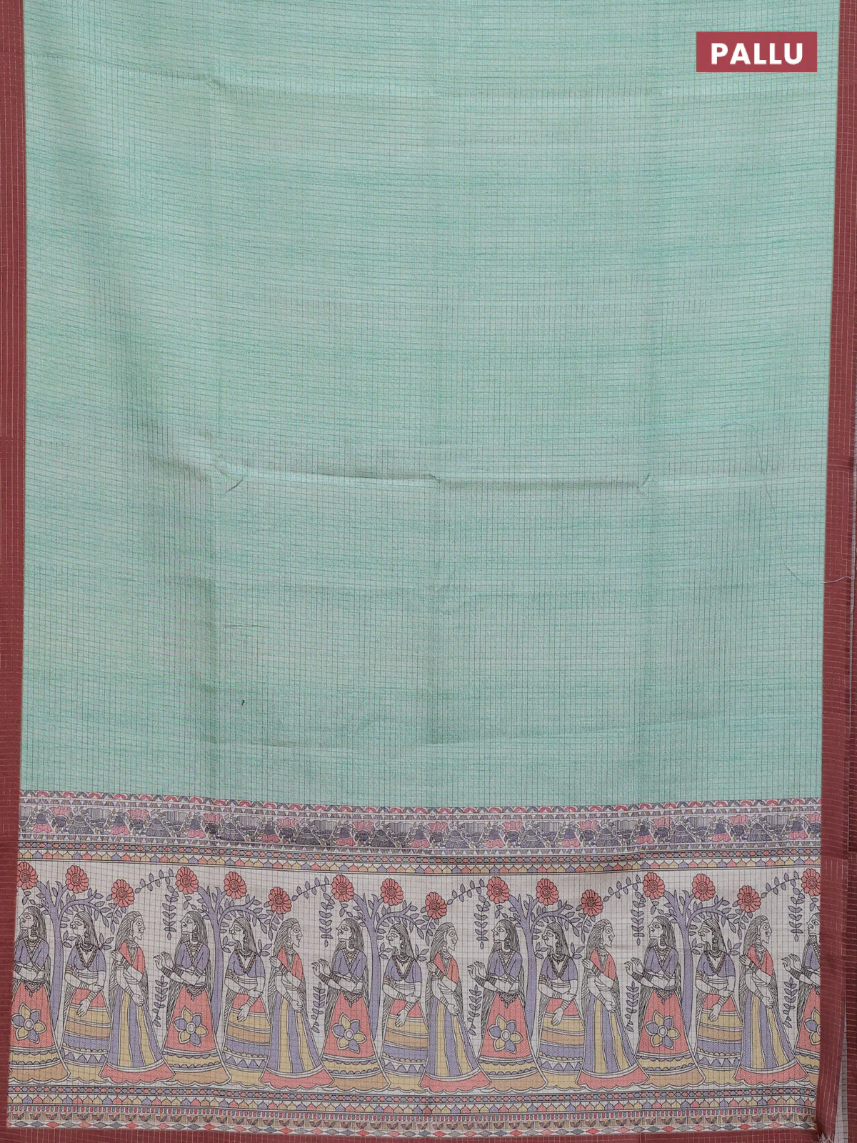 Chappa saree teal green and brown with allover zari checked pattern and madhubani printed pallu - Image 3