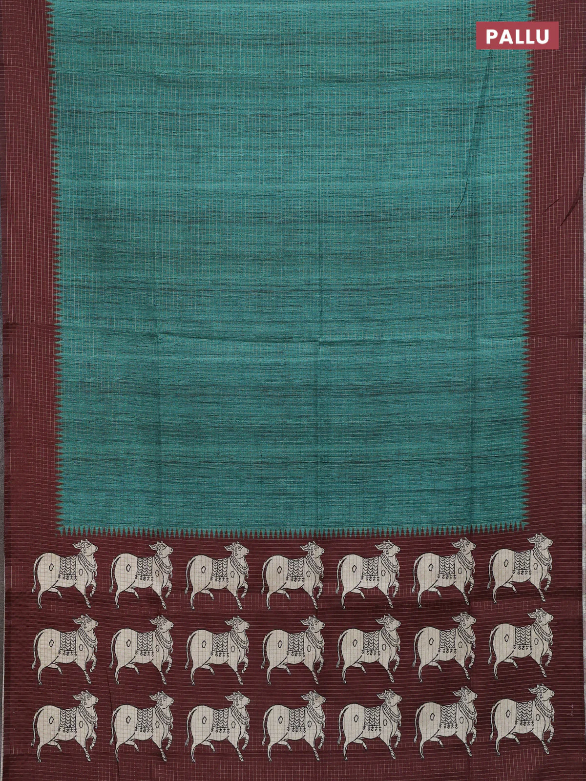 Chappa saree teal green and deep maroon with allover zari checked pattern and printed pallu - Image 3