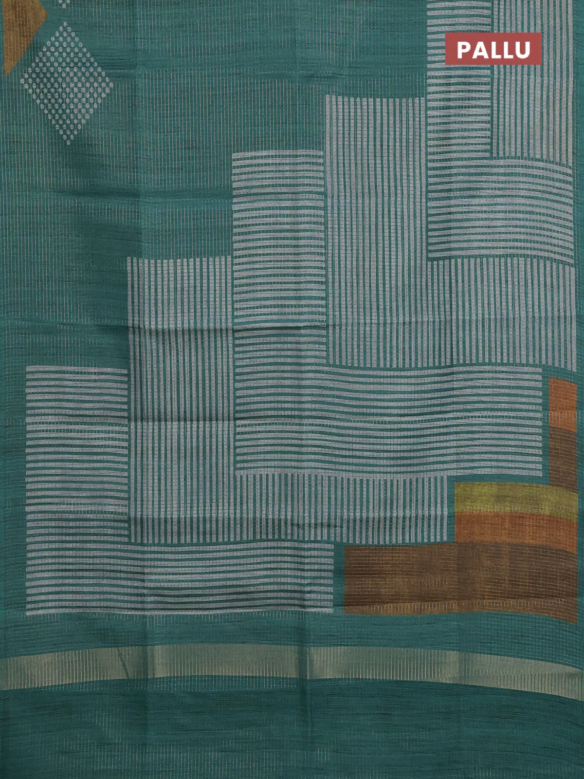 Chappa saree teal green and grey with allover small zari checked pattern and printed border - Image 3