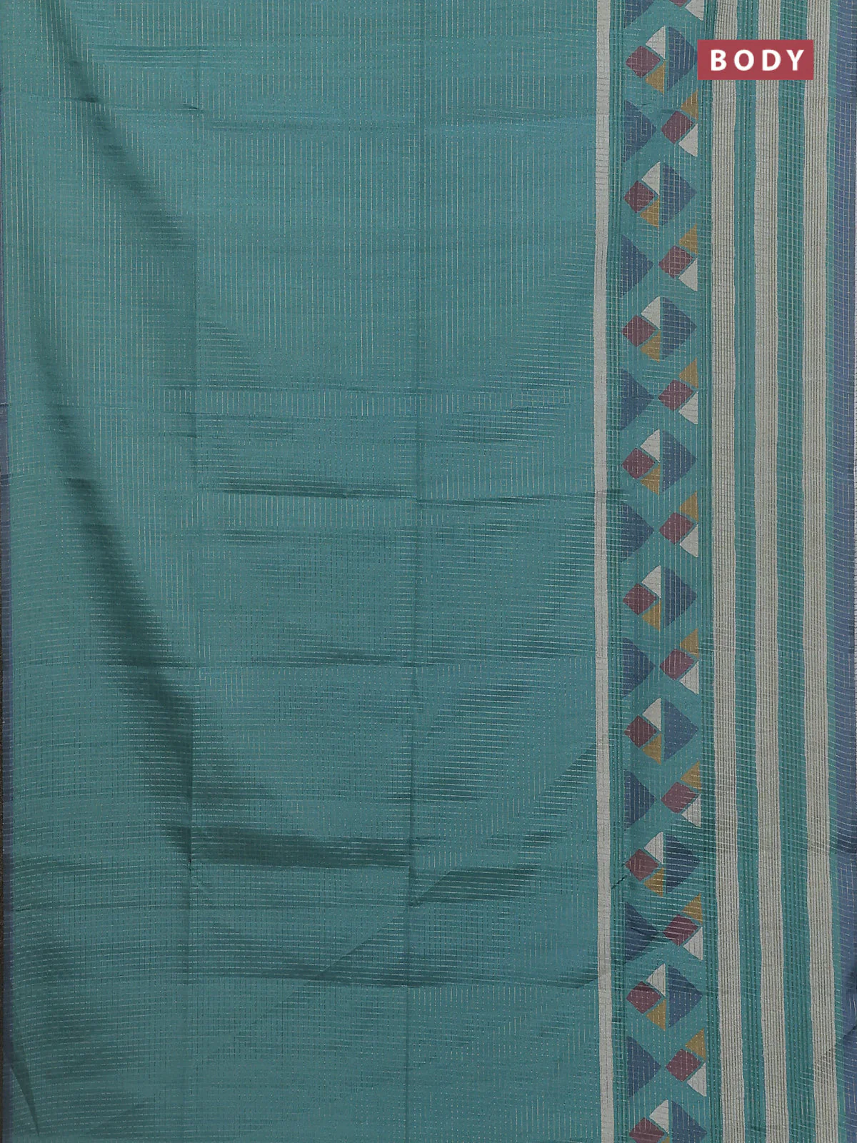 Chappa saree teal green and grey with allover zari checked pattern and long geometric printed border - Image 2