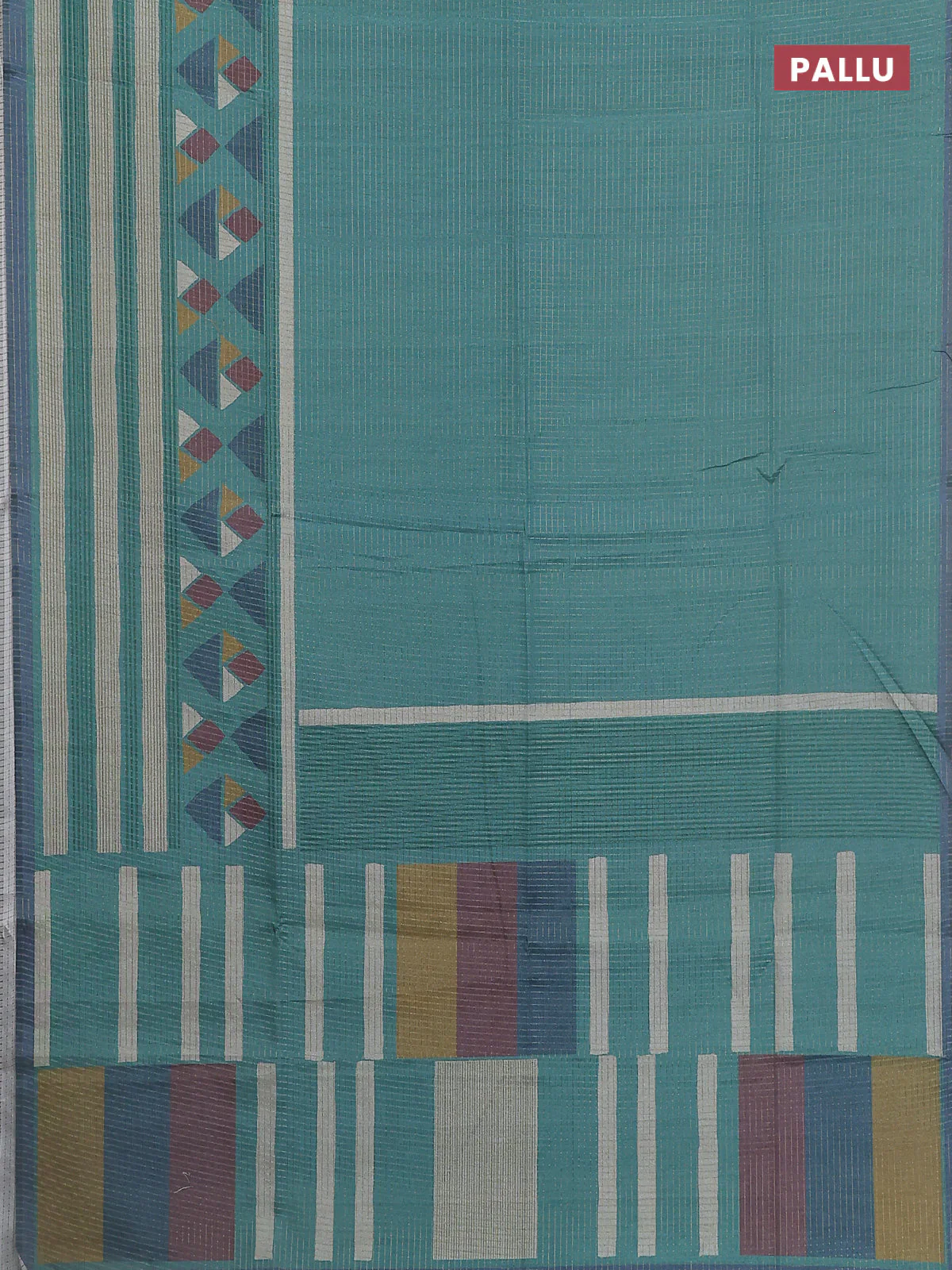 Chappa saree teal green and grey with allover zari checked pattern and long geometric printed border - Image 3