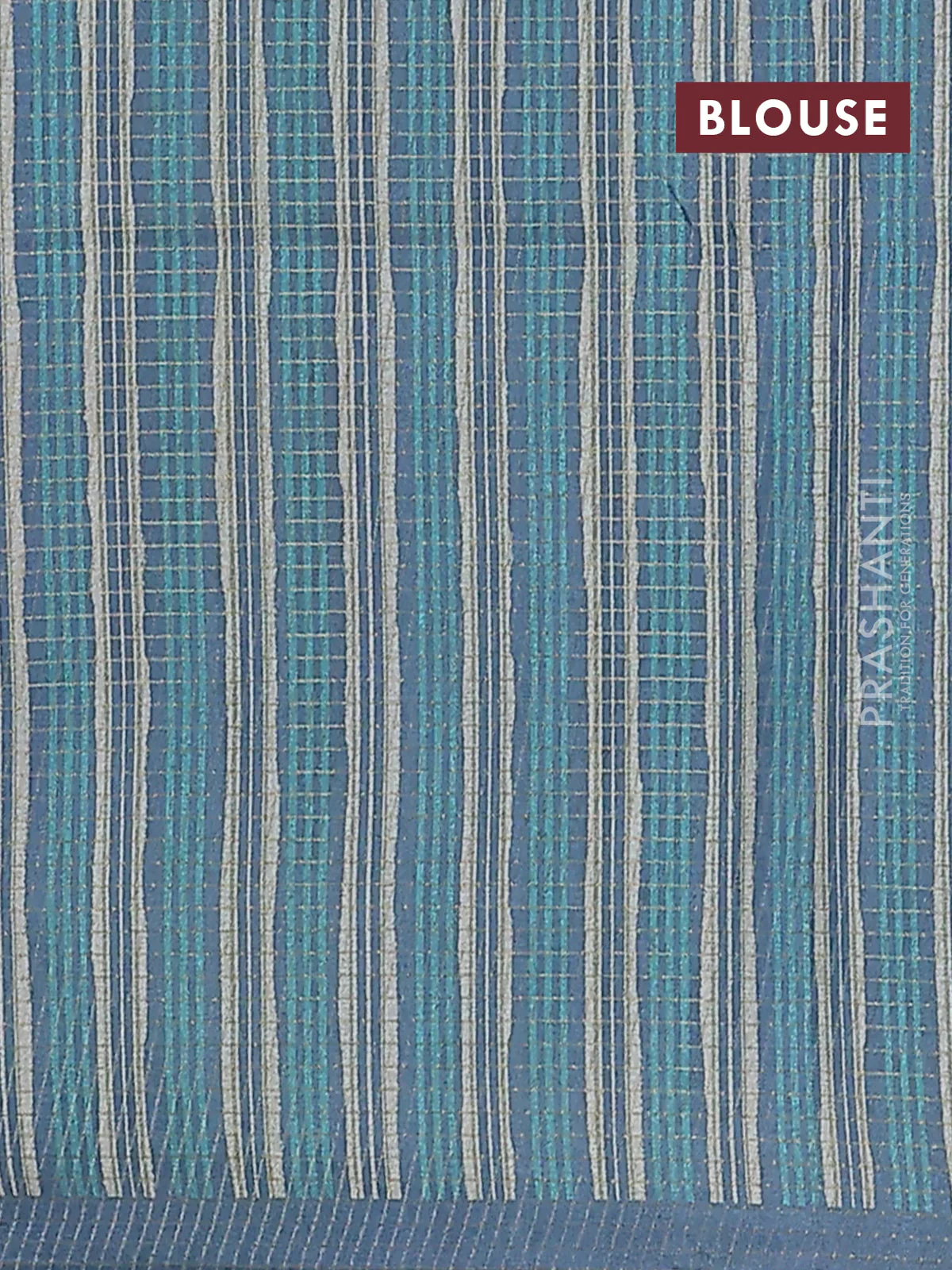 Chappa saree teal green and grey with allover zari checked pattern and long geometric printed border - Image 4