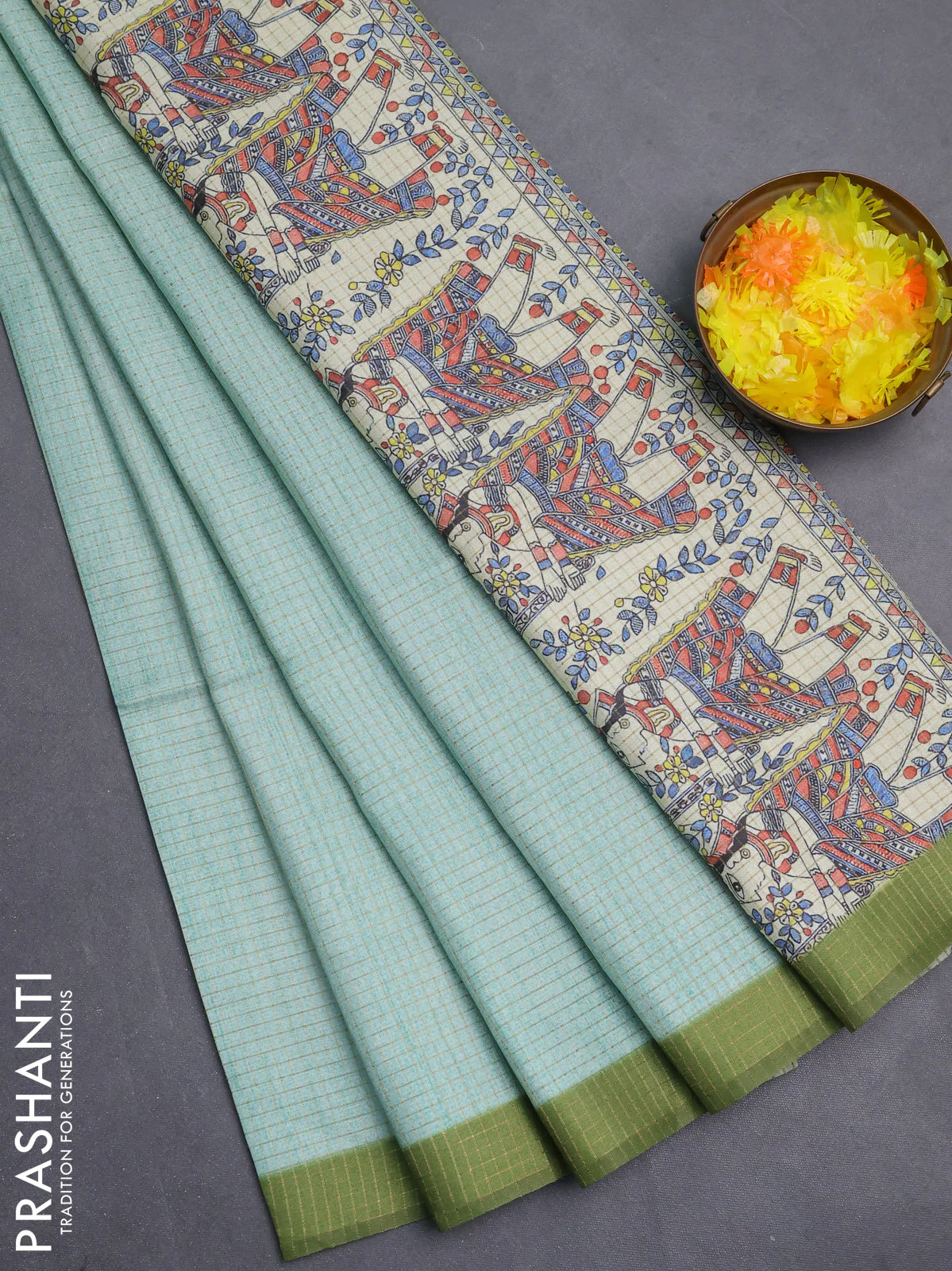 Chappa saree teal green and light green with allover zari checked pattern and madhubani printed pallu