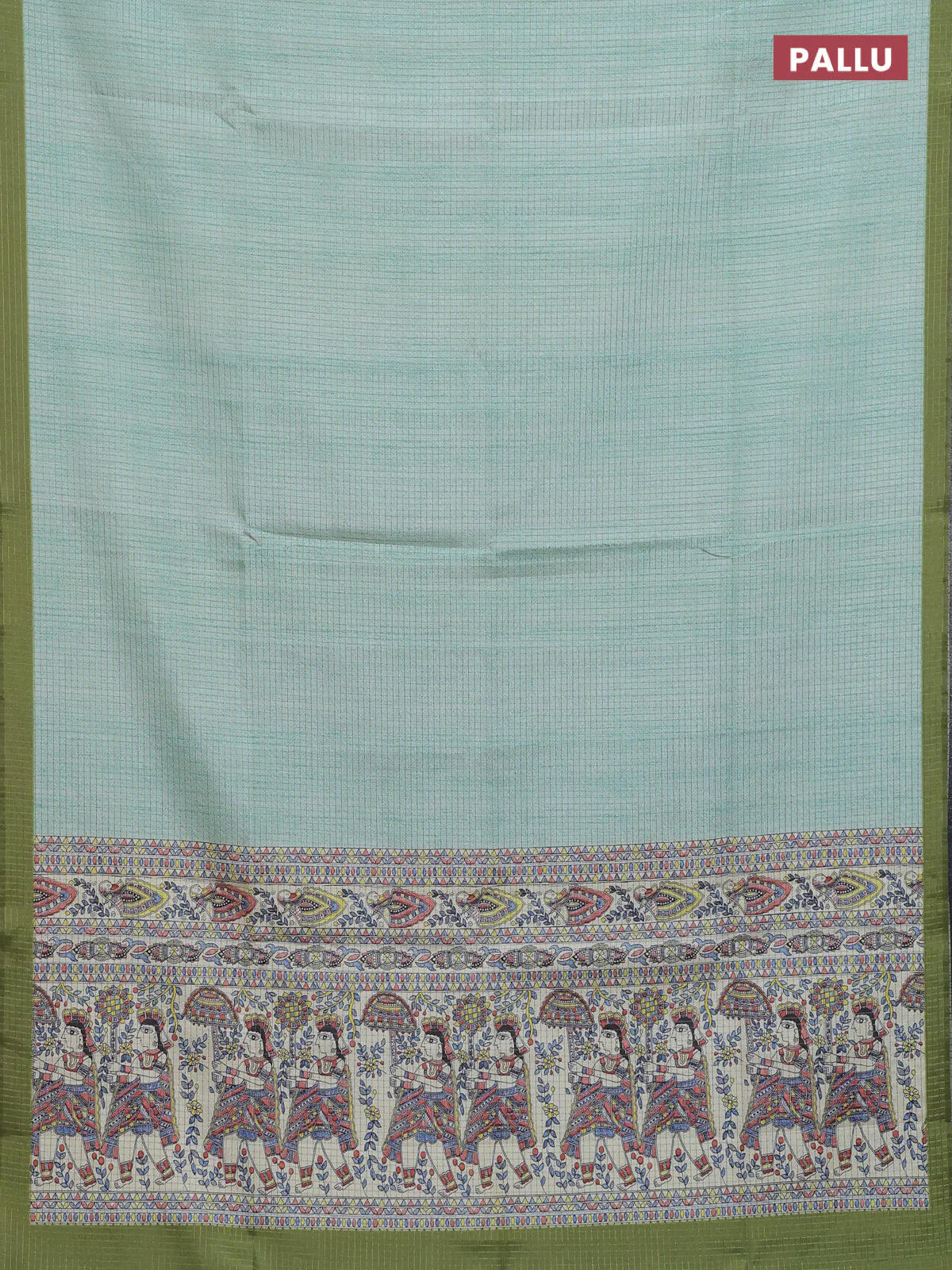 Chappa saree teal green and light green with allover zari checked pattern and madhubani printed pallu - Image 3