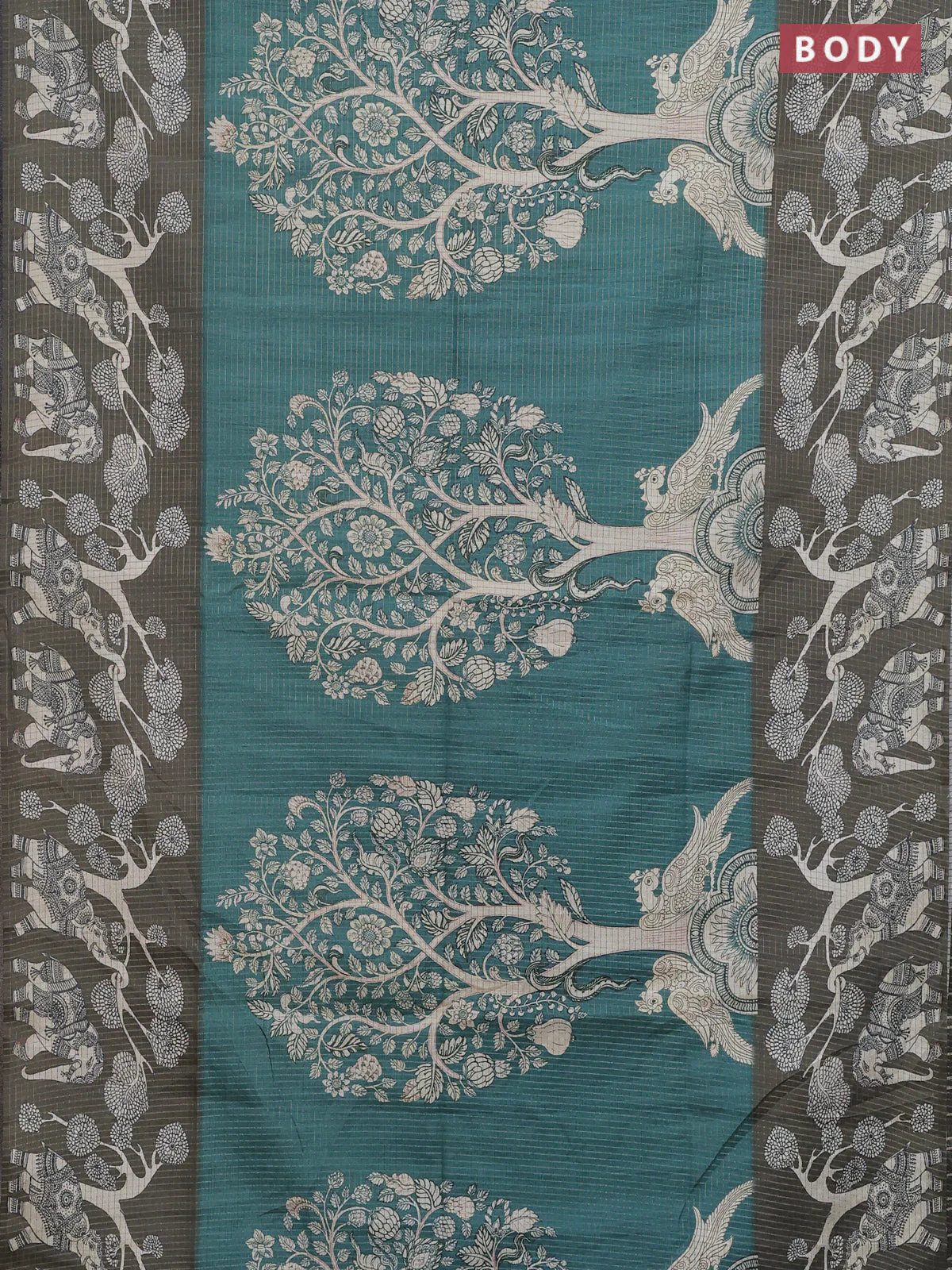 Chappa saree teal green and military green with allover zari checked pattern and printed pallu - Image 2