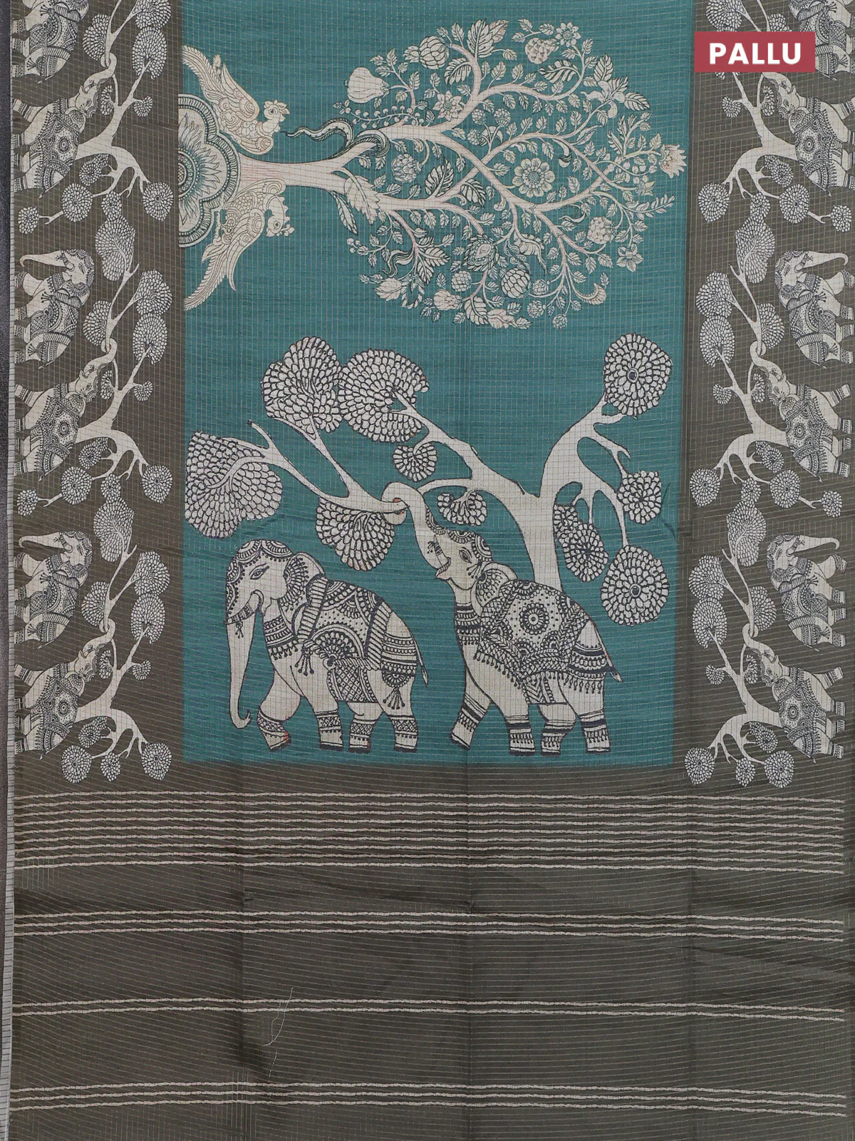 Chappa saree teal green and military green with allover zari checked pattern and printed pallu - Image 3